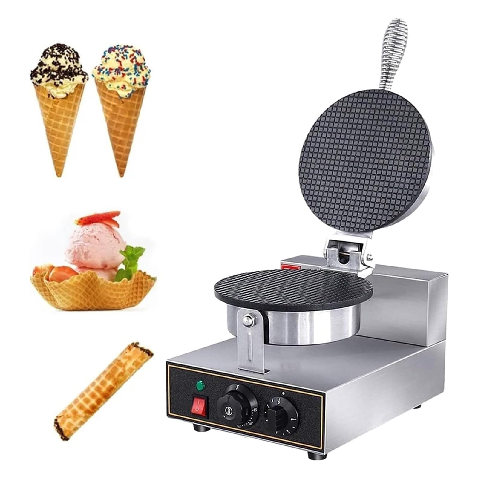 Macchina per basi per Coni Gelato, Macchina per involtini Primavera e Coni Waffle antiaderenti, Regolazione della Temperatura 50~300℃/impostazione del Tempo 0-5 Minuti/Manico Lungo,