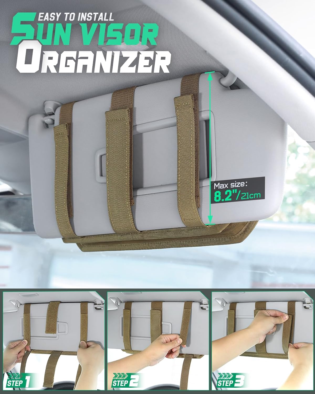 LIVANS Tactical Car Sun Visor Organizer, Auto Accessories Semi-Rigid Molle Panel with Zipper Storage Pouch & Glasses Holder, Gift for Car Gear, Fit Cars, Trucks, Suvs, Jeeps & Patrols (Khaki)