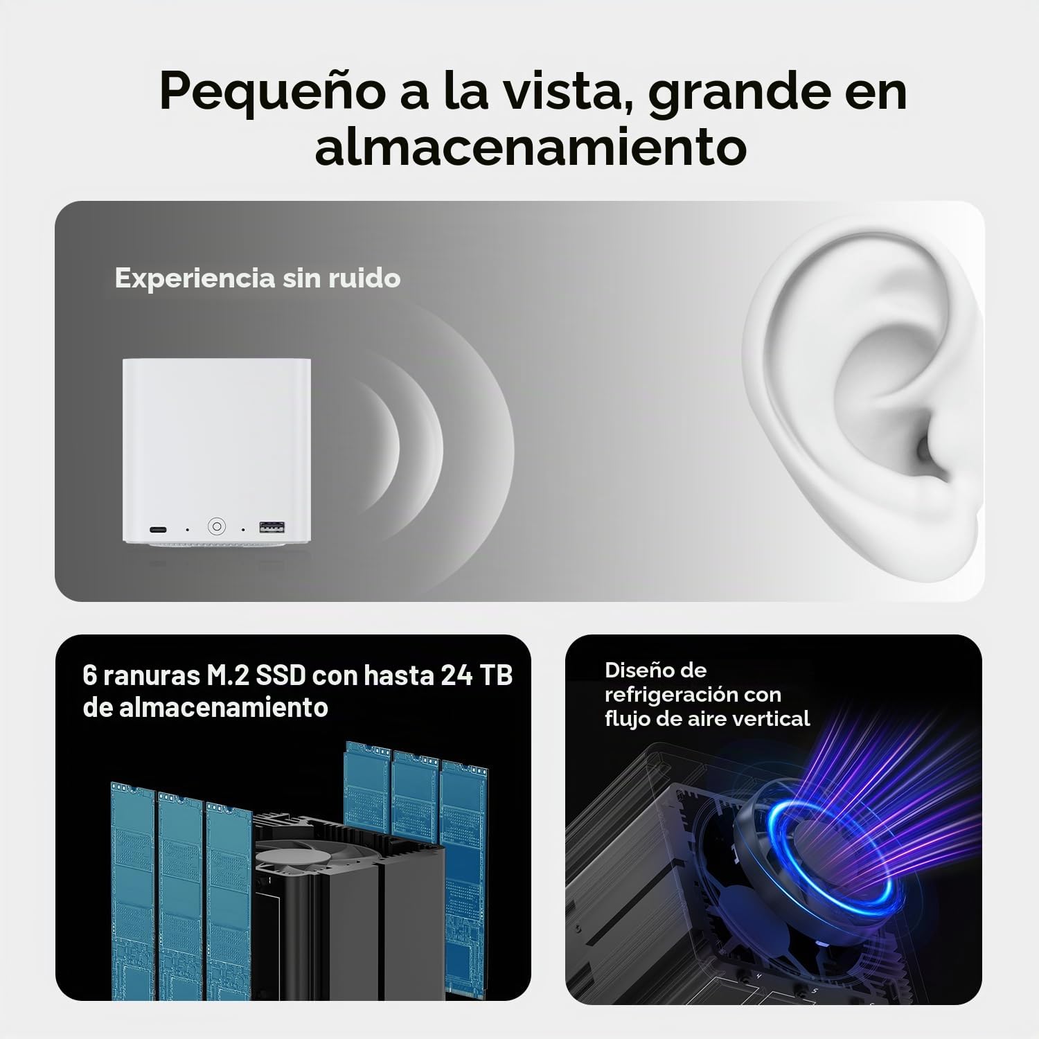 Beelink ME Mini PC, NAS de Escritorio, Intel Alder Lake N95 (4C/4T, hasta 3,4 GHz), 12 GB LPDDR5, SSD M.2 de 1 TB, Mini computadora, 6 Ranuras SSD M.2, Wi-FI 6, Bluetooth 5.2, Dual LAN 2,5 GHz