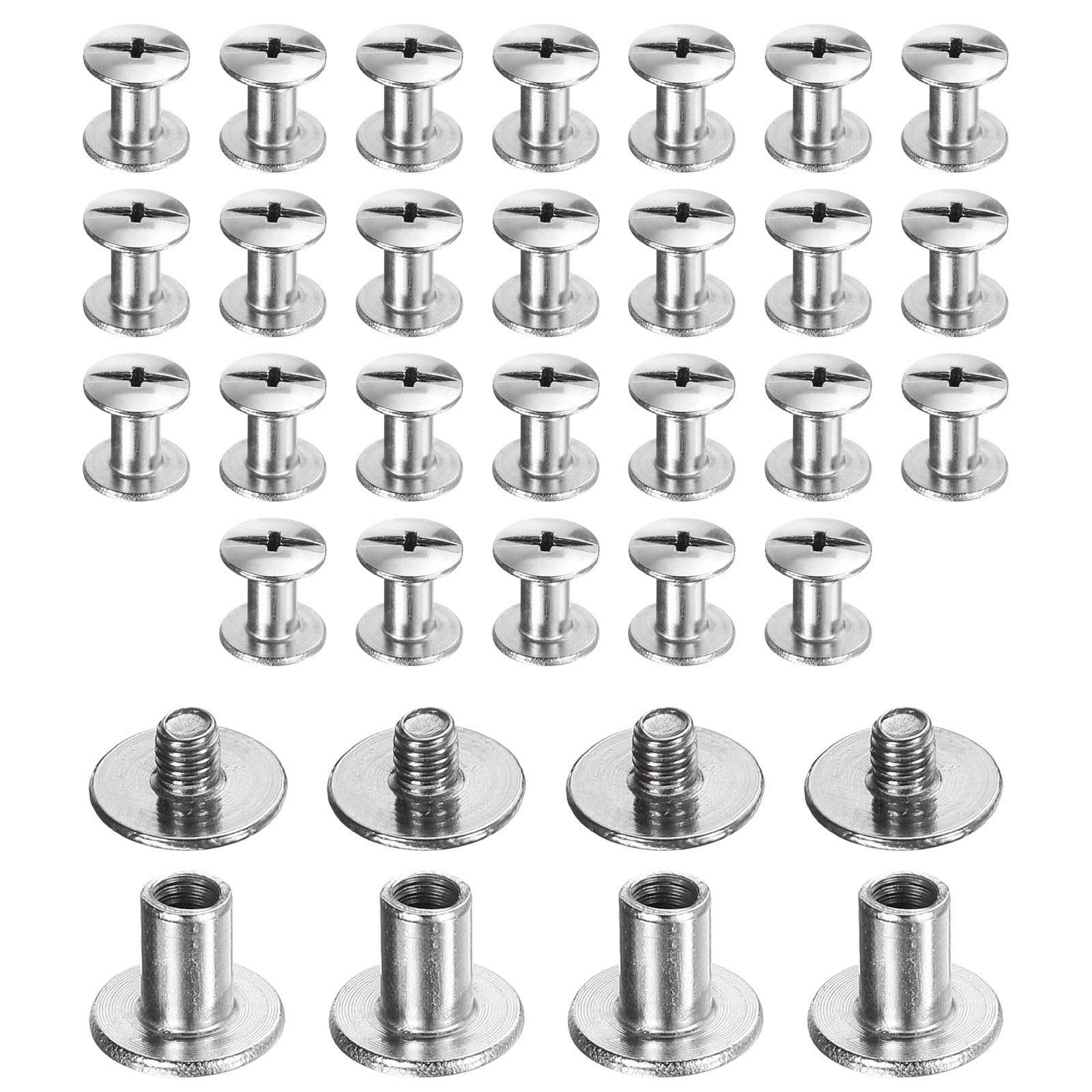 sourcing map 30set Chicago Screw M3x6mm 3mm Length Metal Phillips Nail Rivet Stud Bolts Rivets Binding Post Screw for DIY Leather Belt Bag Craft Bookbinding, Silver