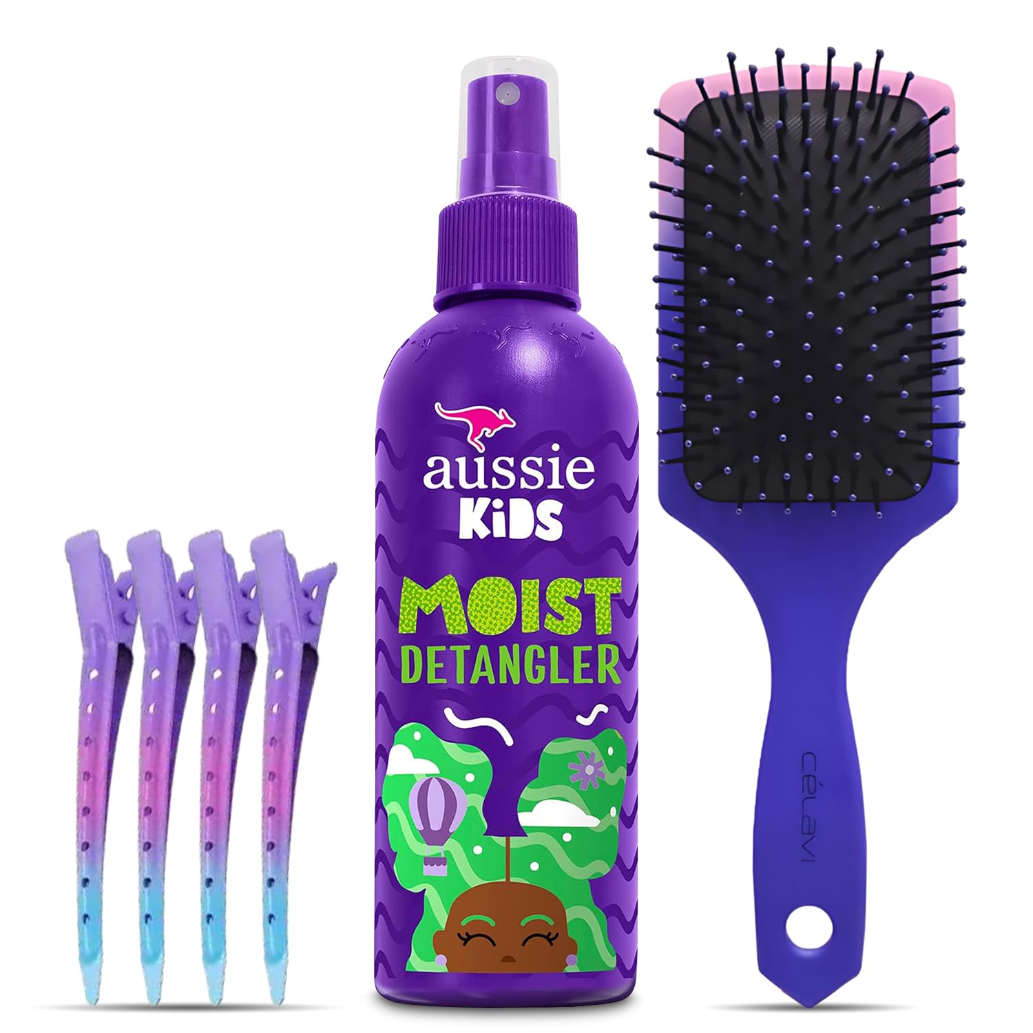 6 Pc Hair Detangler Kit Includes Aussie Kids Moist Tangle-Free Spray Detangling Wet or Dry Paddle Brush for All Hair Types Sectioning Clips Paraben and Sulfate-Free 8Fl oz by Great Lakes Goods