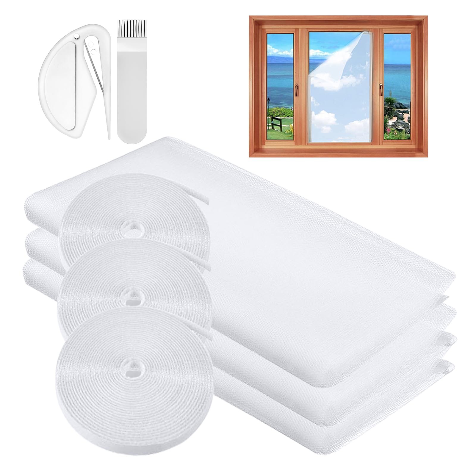 Mosquito Netting,3 Pack DIY Self-Adhesive Insect Mesh Curtain Fly Bug Bee Protector Screen 130x150CM with 3 Rolls Hook Sticky Tape,Fitted to Multiple Windows White