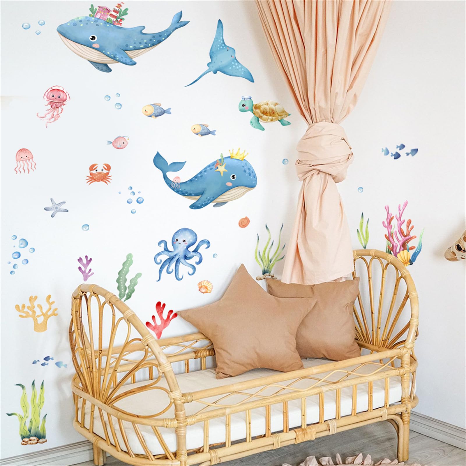 Under the Sea Wall Stickers for Kids Bathroom Watercolor Ocean Animal Wall Decals with Whale, Octopus & Turtle - Image 4