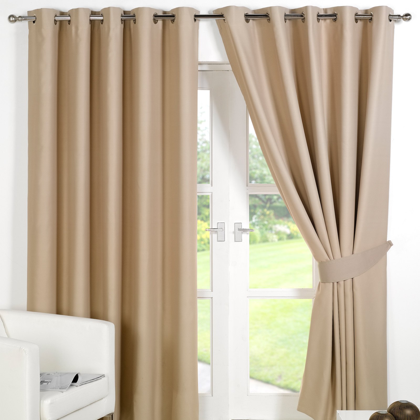 Dreamscene Eyelet Blackout Curtains Set of 2 Thermal Ring Top Window Treatment Panels - Beige, Width 66" x Drop 90"