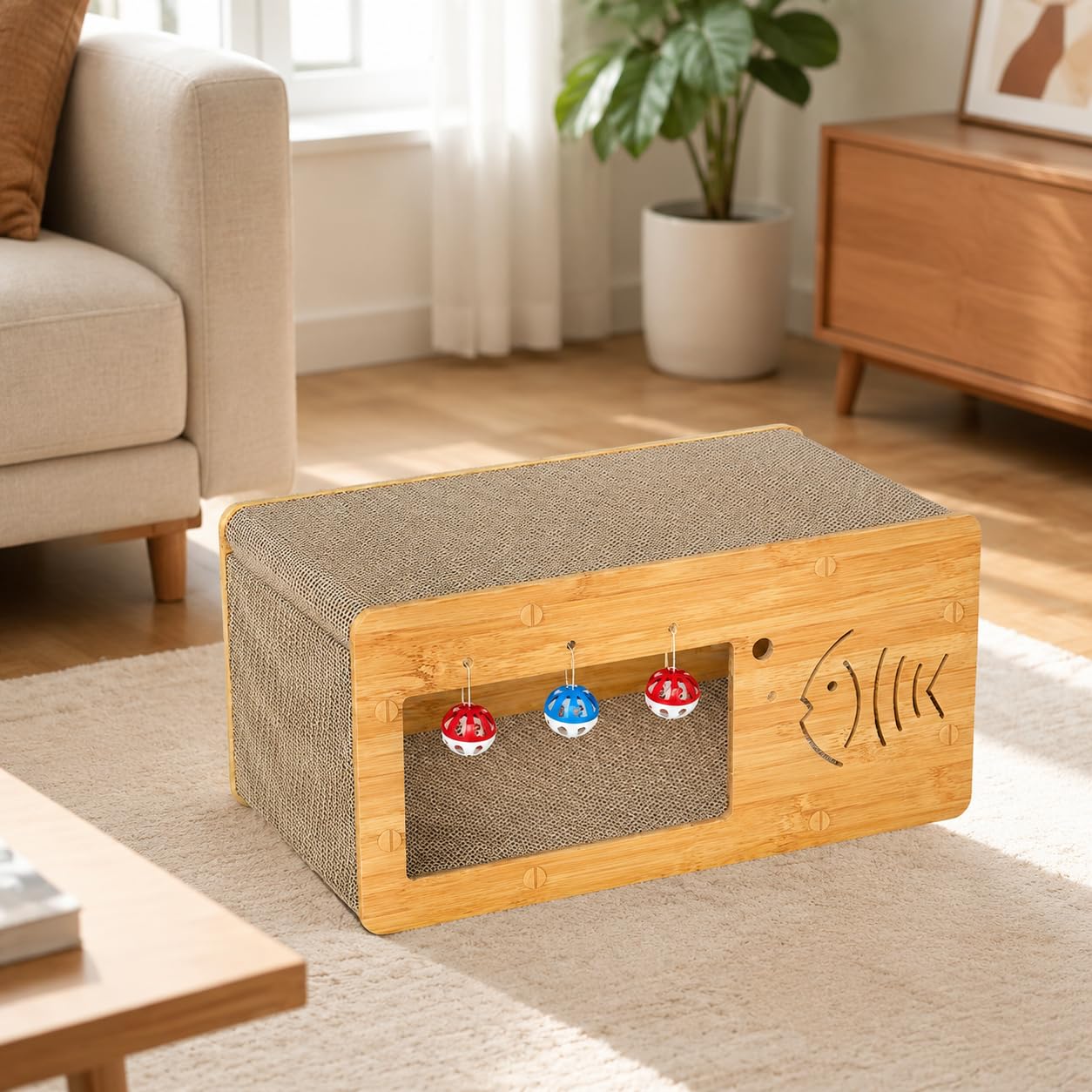 Kratzbaum mit Hausstruktur Robusten Kratzflächen Integriertem Katzenbett Und Dekorativen Öffnungen aus Wellpappe für, Einzelnes TV-Gerät, 55 x 28 x 26 cm