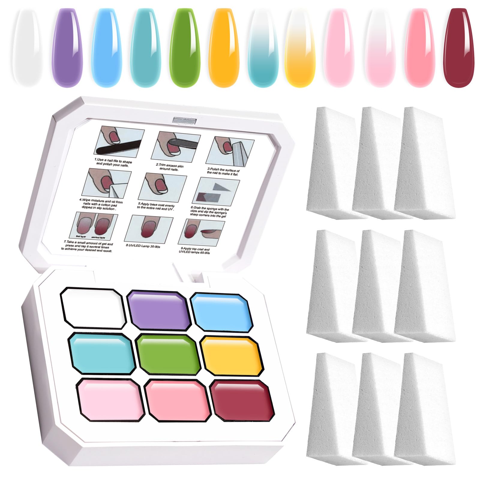 U-Shinein Gradient Painting Gel, 9 Colors Ombre Gel Nail Polish with 9Pcs Big Nail Sponges Sponging for Ombre Nails Aura Nails French Manicure Soak
