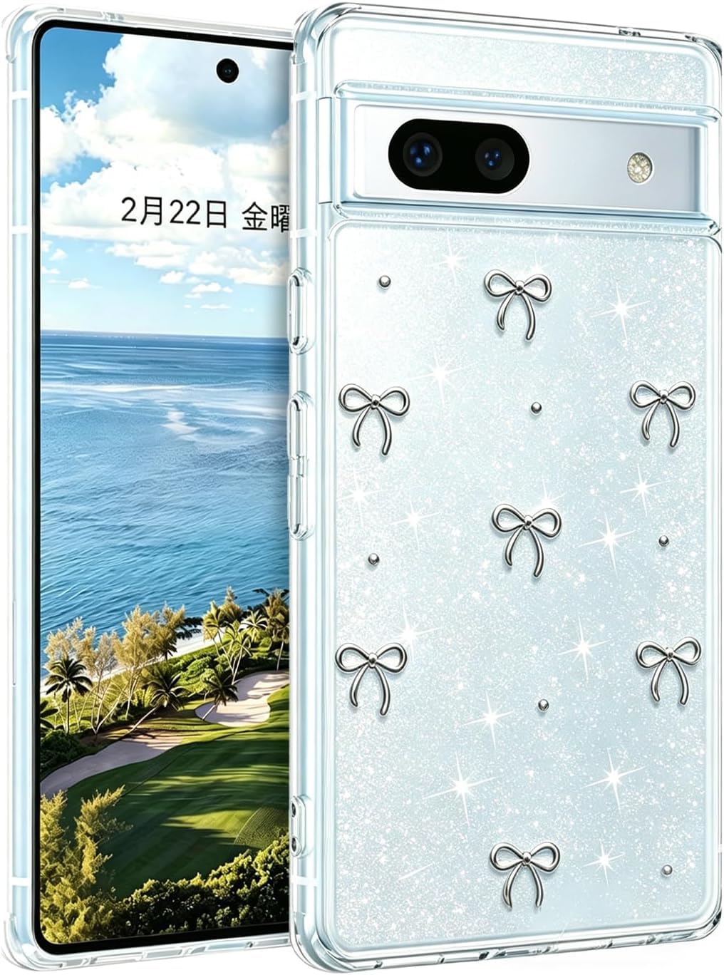 Google Pixel 9a 用 ケース クリア キラキラ ミニリボン 韓国風 可愛い 立体装飾 耐衝撃 透明ケース Google Pixel 9a 対応 シルバー