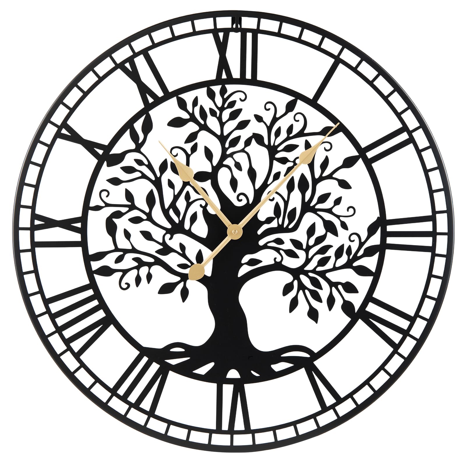 TANGZON Large Wall Clock, Silent Non-Ticking Kitchen Clocks, Wall Mounted Decorative Clock for Garden Bedroom, Kitchen, Home, Indoor & Outdoor (Black Artistic Tree Pattern)