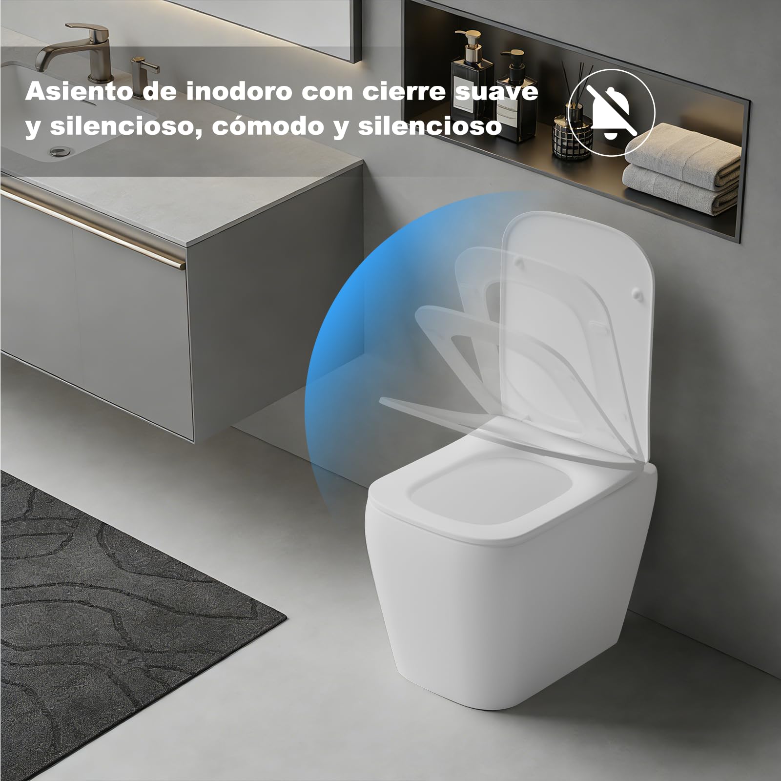 SURFOU Tapa WC Universal en Forma de Cuadrado, Asiento de Inodoro de Duroplast con Cierre Suave, Soporta hasta 200 kg, Desmontaje Rápido para Limpieza Fácil, con Gomas para Fijación Estable