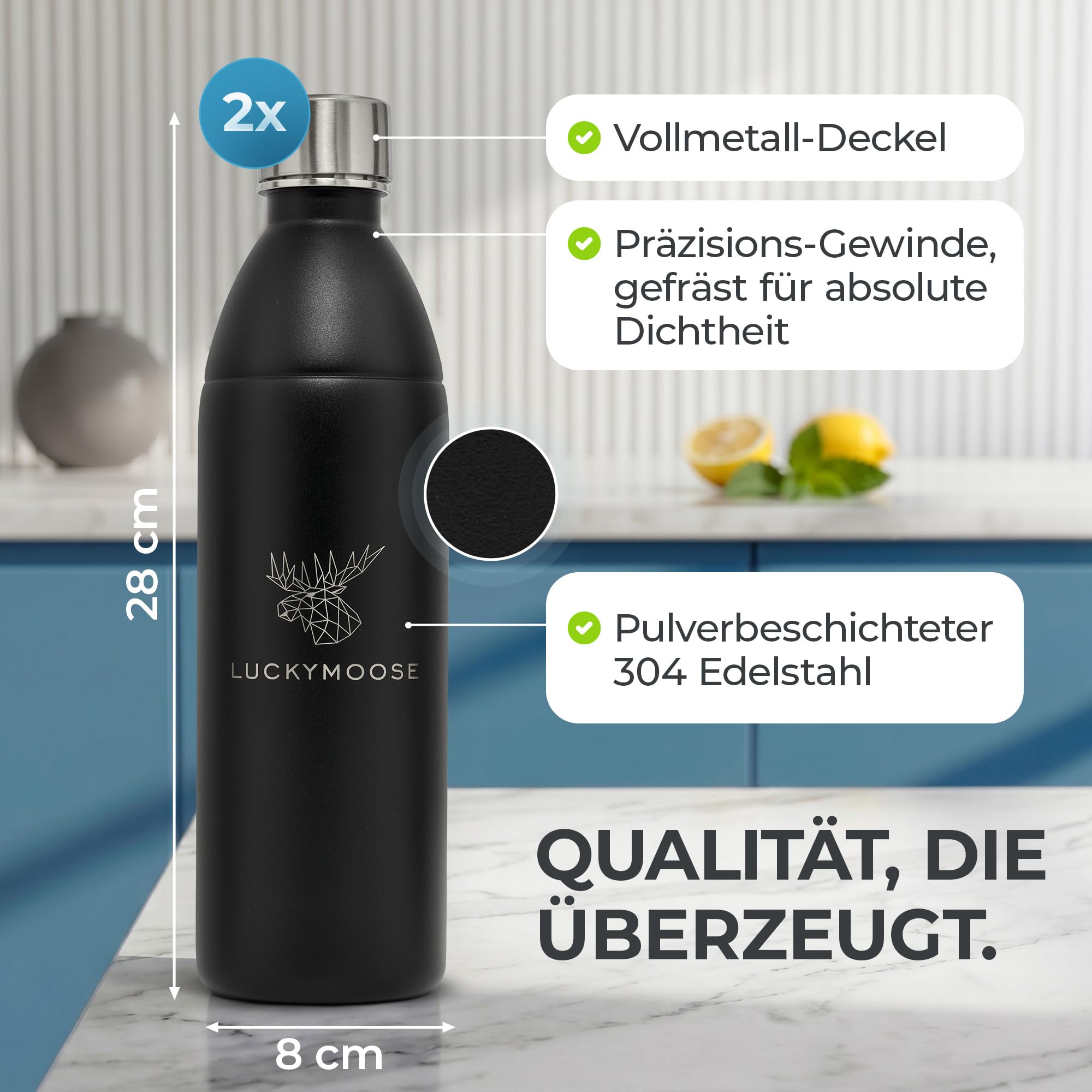 Luckymoose Infinity Edelstahlflasche (1,1L) kompatibel mit SodaStream DUO & TERRA Wassersprudler – Umweltfreundlich, Bruchsicher und Spülmaschinenfest – hochwertiger 304 Edelstahl statt Plastik