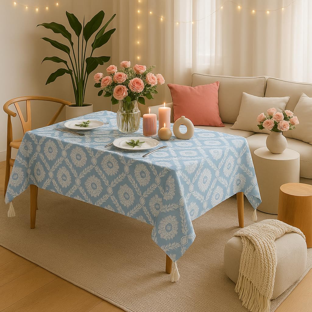 WWW.THROWPILLOW.IN Powder Blue Floral Corner Tassel Boho Printed Dining Table Cover Rectangle Shape 52"x 72", Anti Skid Table Cloth for 5 Feet Center Coffee Table Cover|Living Room Diwali Decor