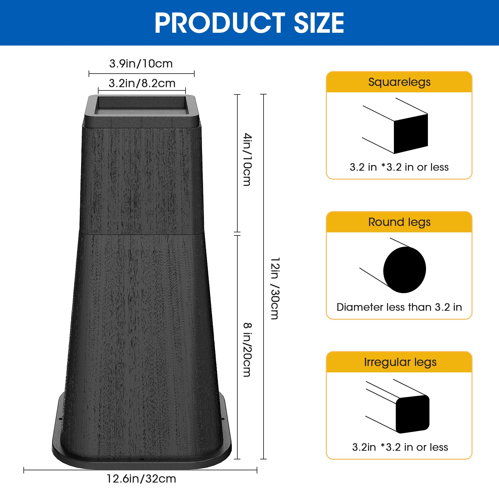 MYMULIKE Rialzi per Letto da 30,5 cm, Resistenti, impilabili, per mobili, 10,2 cm, 20,3 cm, 30,5 cm, per Tavolo, Gamba della scrivania, Divano, Supporta Fino a 2,7 kg, Nero, Confezione da 4