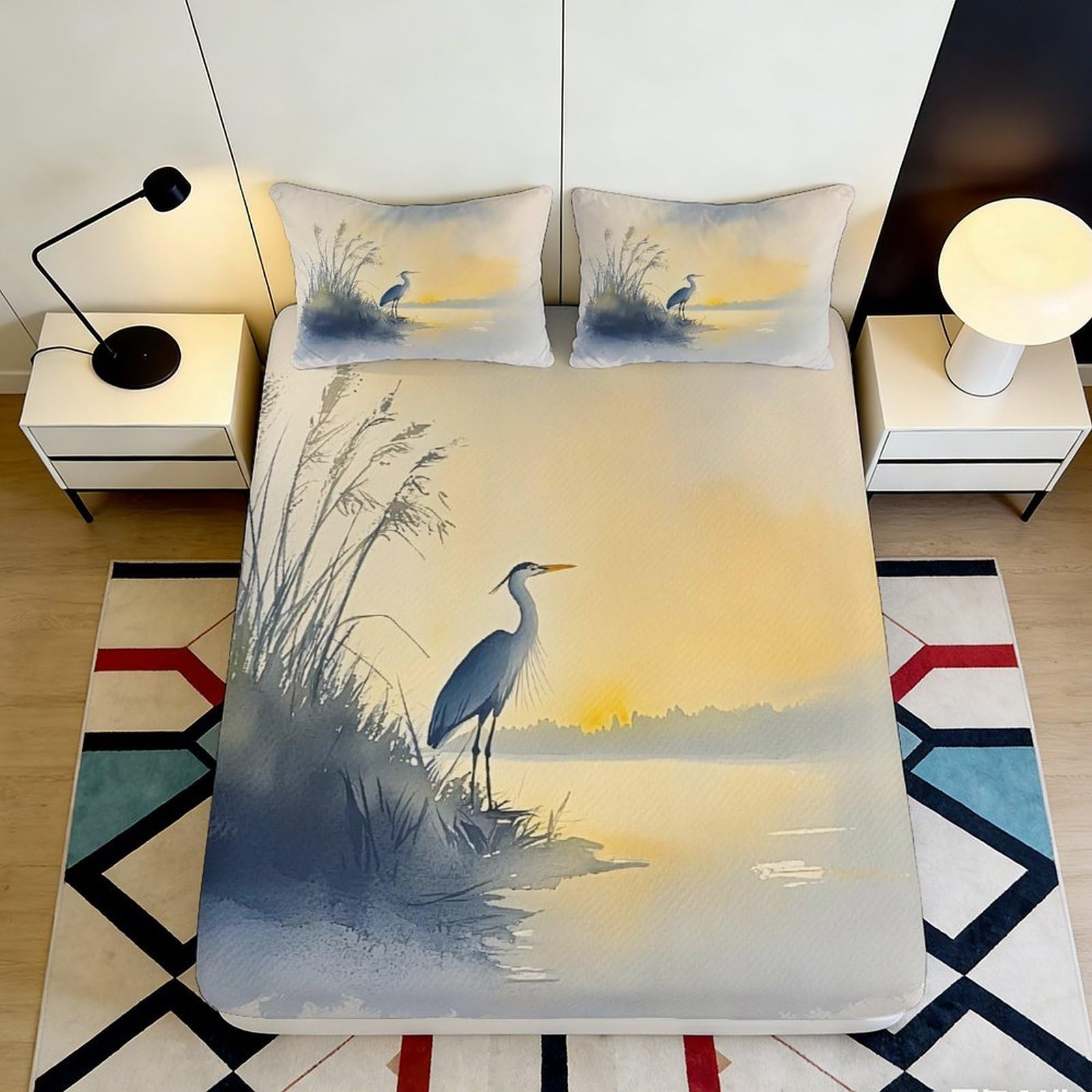 Jqzkxnhpbr Style-2 3D Printed Sunset Heron Fitted Sheet Microfiber Soft Anti-Slip Lake View Bed Cover For Bedroom Guest Room Decor 90X200x25cm