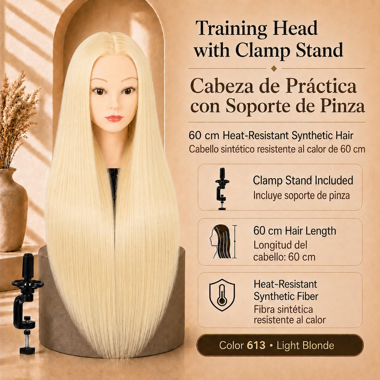 Cabeza de Maniquí para Peluquería, Cabello Sintético 60 cm/24" Resistente al Calor con Soporte, Cabeza de Prácticas para Peinados y Cosmetología (613 · Rubio Claro)