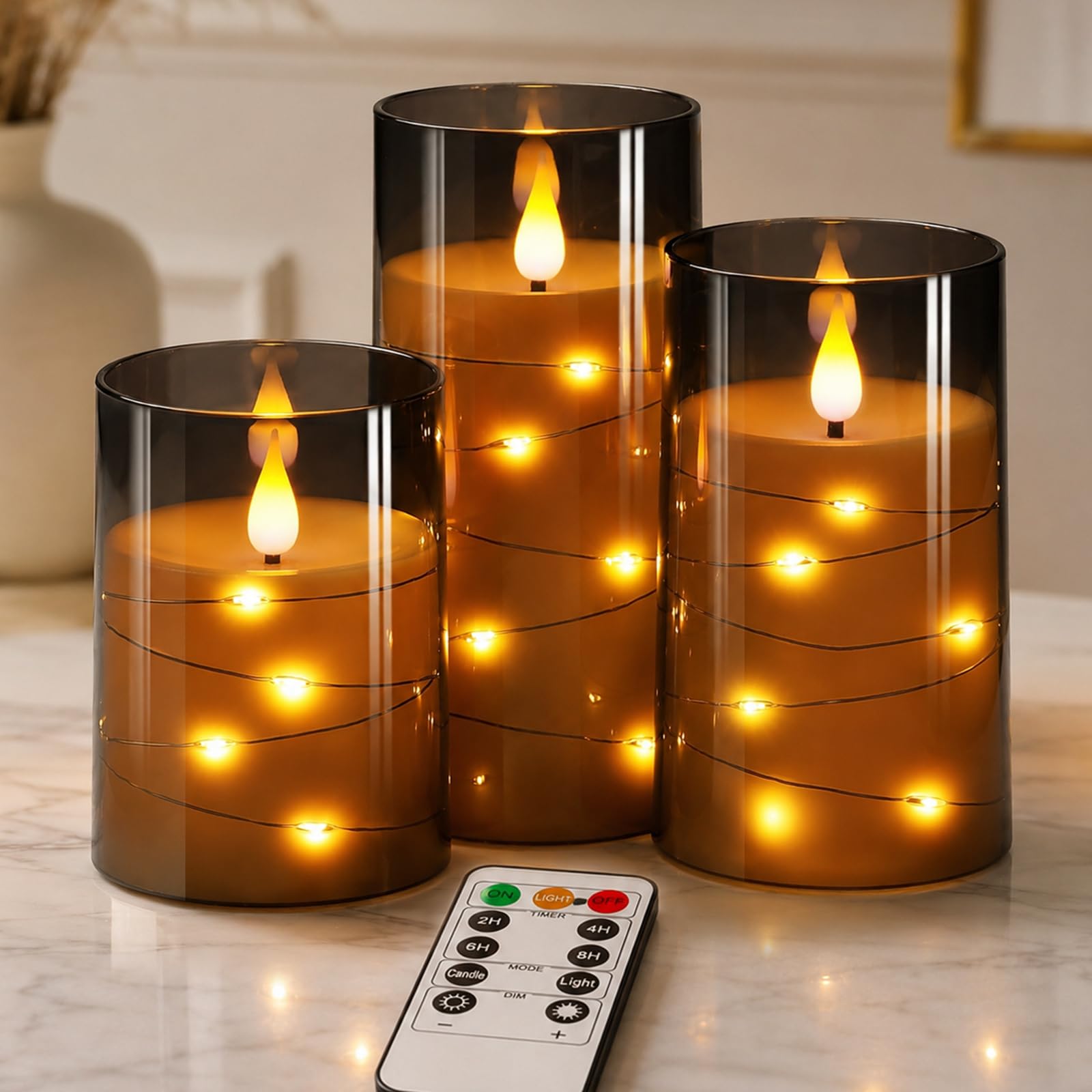 Flameless Candles Light, Set of 3 Flickering LED Candle with Remote & Timer, Dimmable Real Wax Electric Candles Battery Operated, Star String Candle for Home Wedding Party Holiday Decor (Gray)