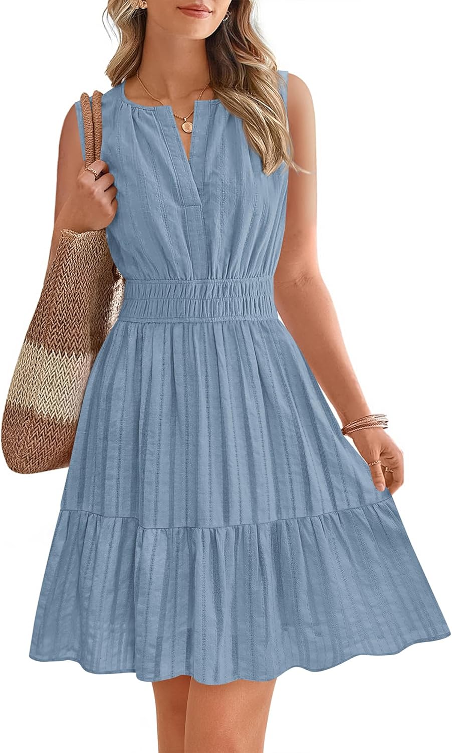 BTFBM Women’s Summer Dresses 2026 Sleeveless V Neck Casual Mini Dress Swing Boho A Line Beach Vacation Sundress Pockets