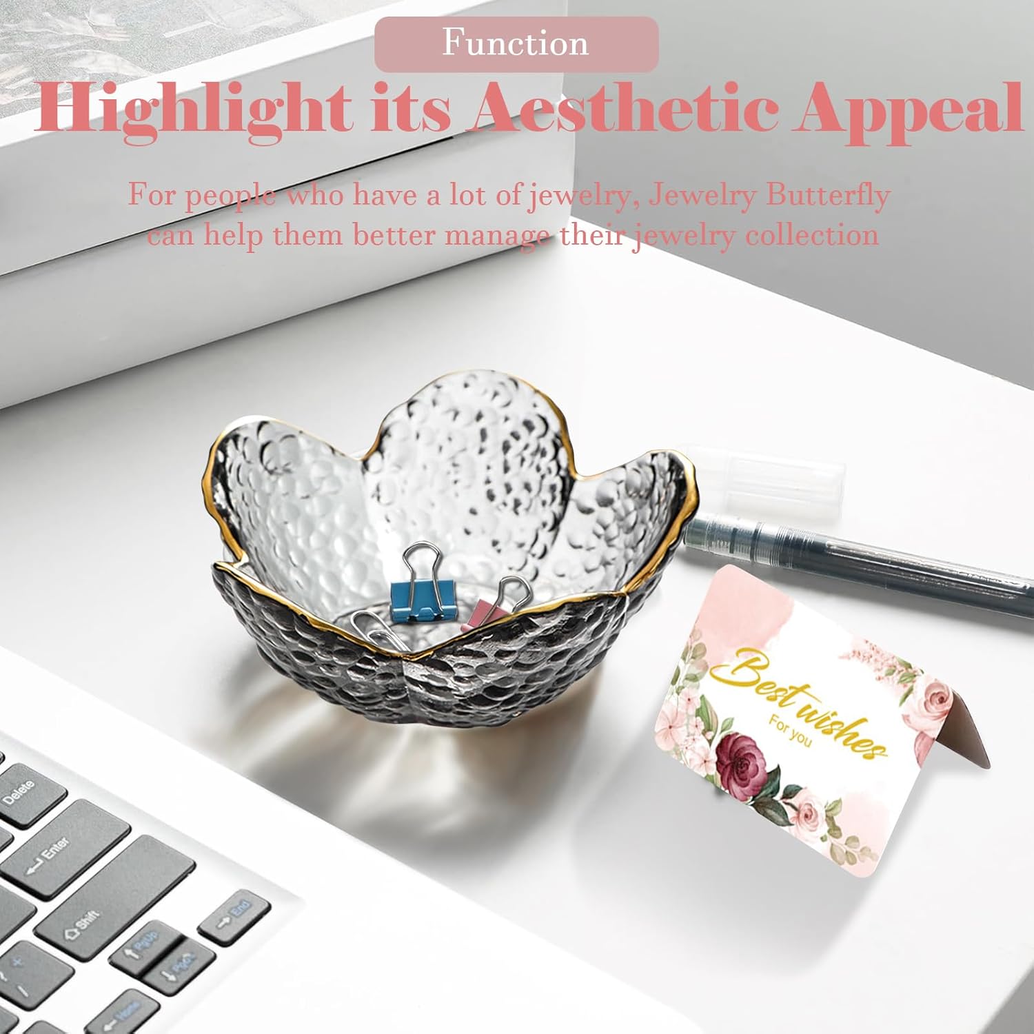 Grey Flower Jewelry Dish Glass Ring Dish Jewelry Tray Cute Vanity Organizer Room Decor Aesthetic Nightstand Bathroom Decor Trinket Dish Ring Holder Dish House Warming Gifts Stocking Stuffers for Women