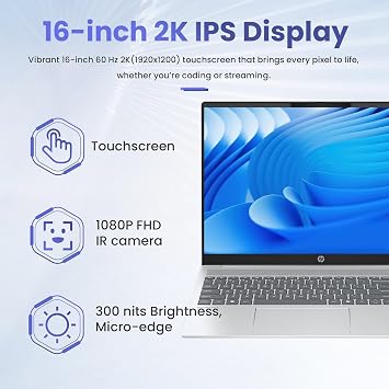 HP Omnibook 5 16 2K Touchscreen Copilot+ Laptop, AMD Ryzen AI 7 350, 16GB RAM 2TB SSD, HDMI, Wi-Fi 6, Bluetooth 5.4, Backlit Keyboard, Webcam, 256gb 9H Docking Station, Windows 11 Pro, Silver