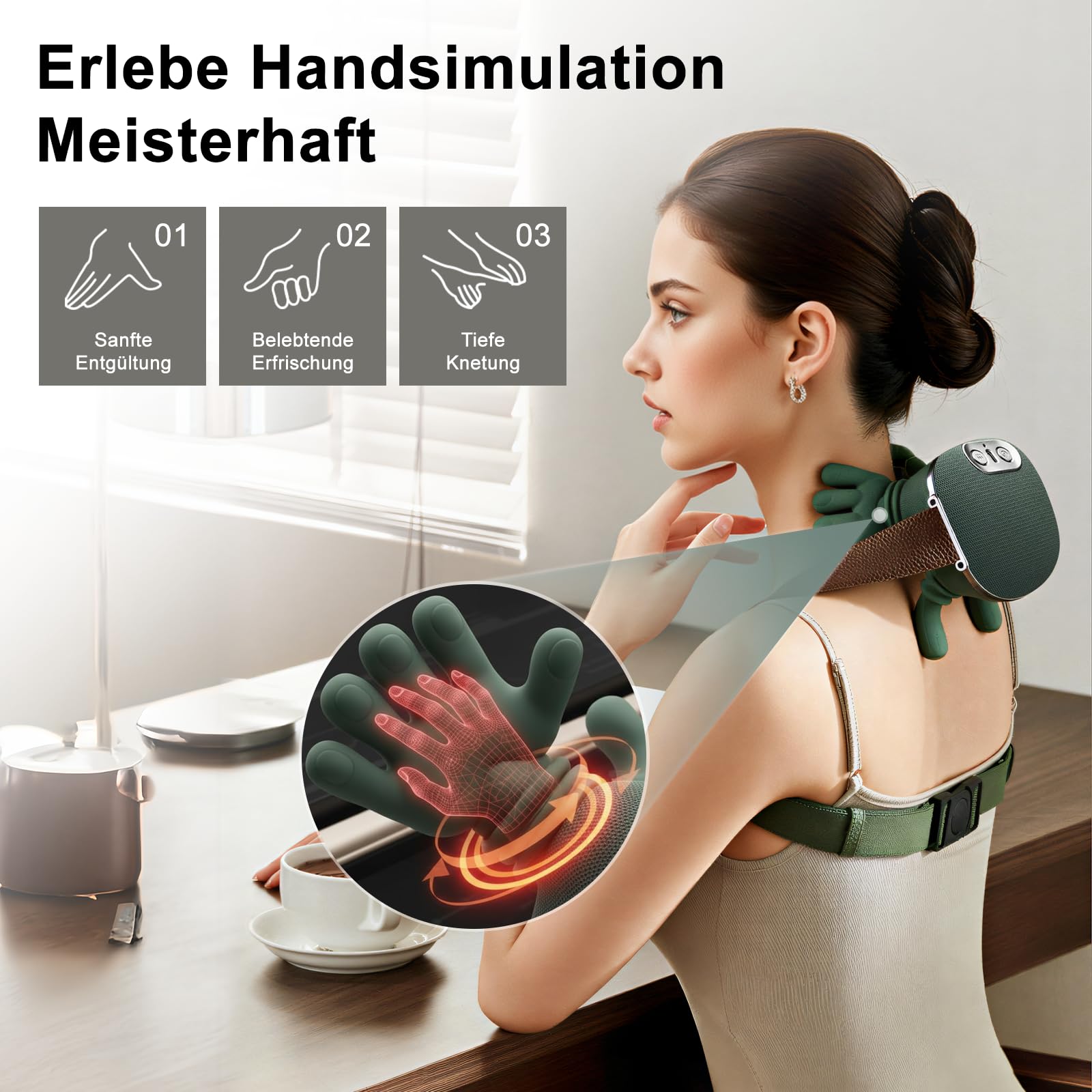 Massagegerät, Rückenmassagegerät Massagemeister, Massage Master, 4D Nackenmassagegerät, Heizendes Nacken, 3 Massageeinstellungen & 2 Heizstufen, für Zuhause, Büro, Reisen (grün, One Size)