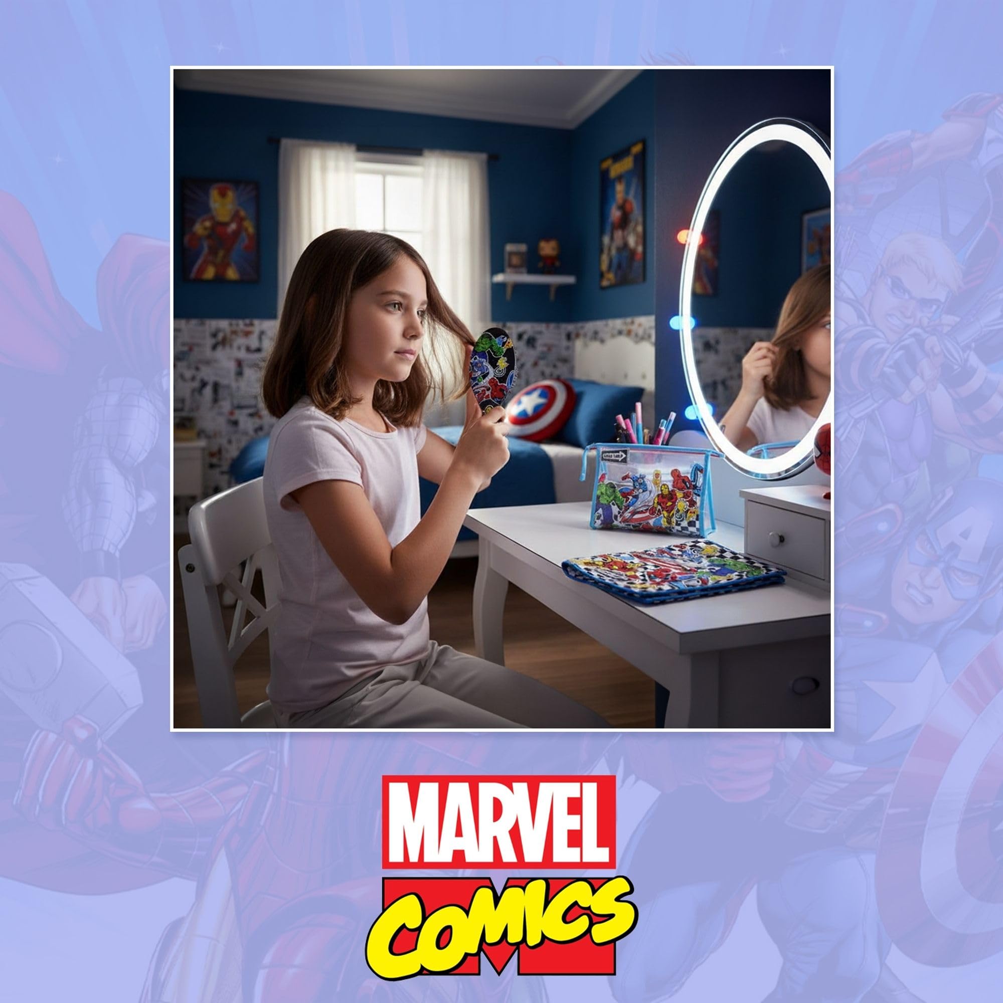 Set di spazzole per capelli per bambini Marvel Avengers con asciugamano e custodia trasparente - Borsa per la cura personale Avengers e accessori originali dei supereroi