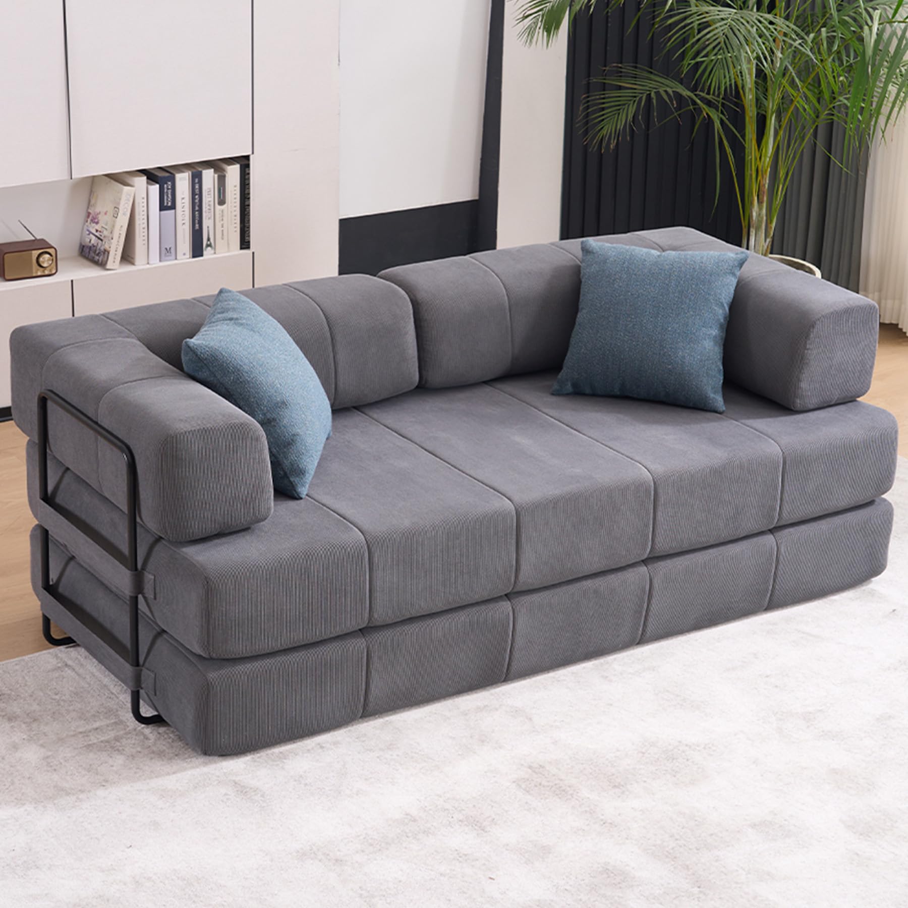 78.5" Floor Sofa Couch Foldable, Corduroy Convertable Sleeper Sofa Bed Couch for Living Room, Oversized Chaise Lounge Sofa with 2 Pillows, Modular