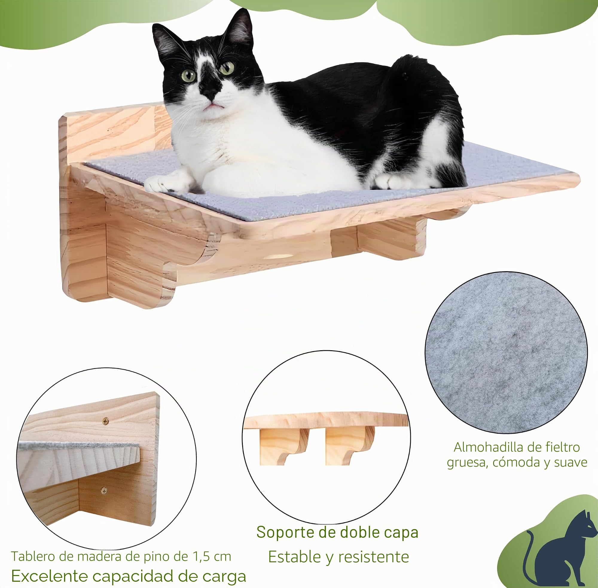 Hamaca de Pared Para Gatos Con 3 Niveles - Mueble de Madera Maciza Cubierta de Felpa Para Escalar, Dormir y Jugar