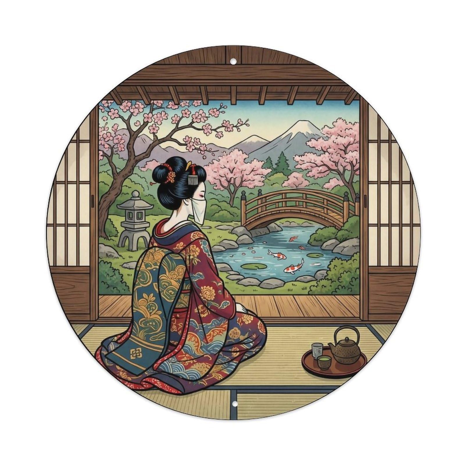 Japanese Geisha Tea House Courtyard Observing Metal Tin Sign