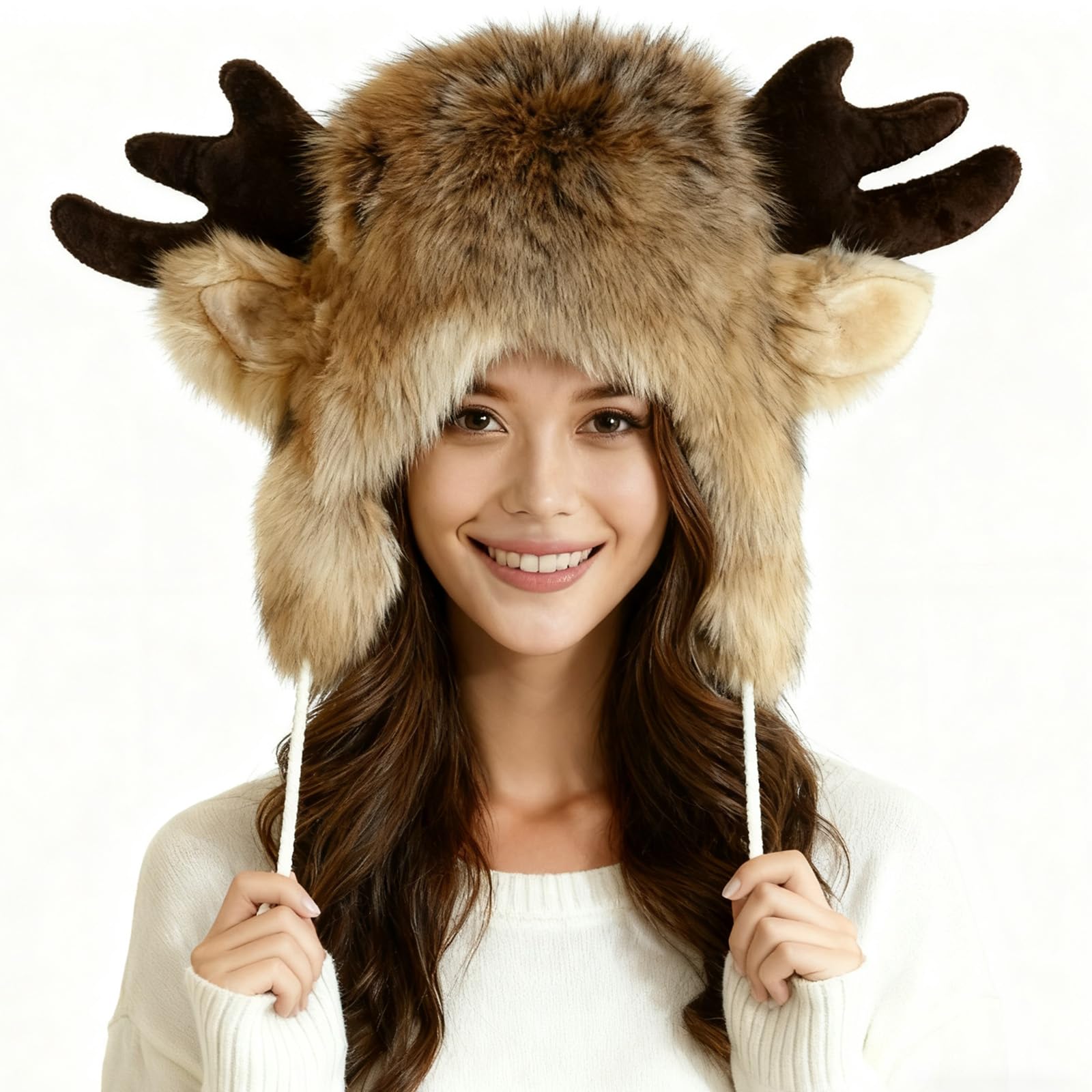YJZQ Bonnet unisexe Bonnet animal Chaud Chapeau tête de Renne et Corne du Veau Cagoule en Peluche Casquette Fausse Fourrure pour Adult Grand Enfants Cadeau Noël Aniverssaire Fête