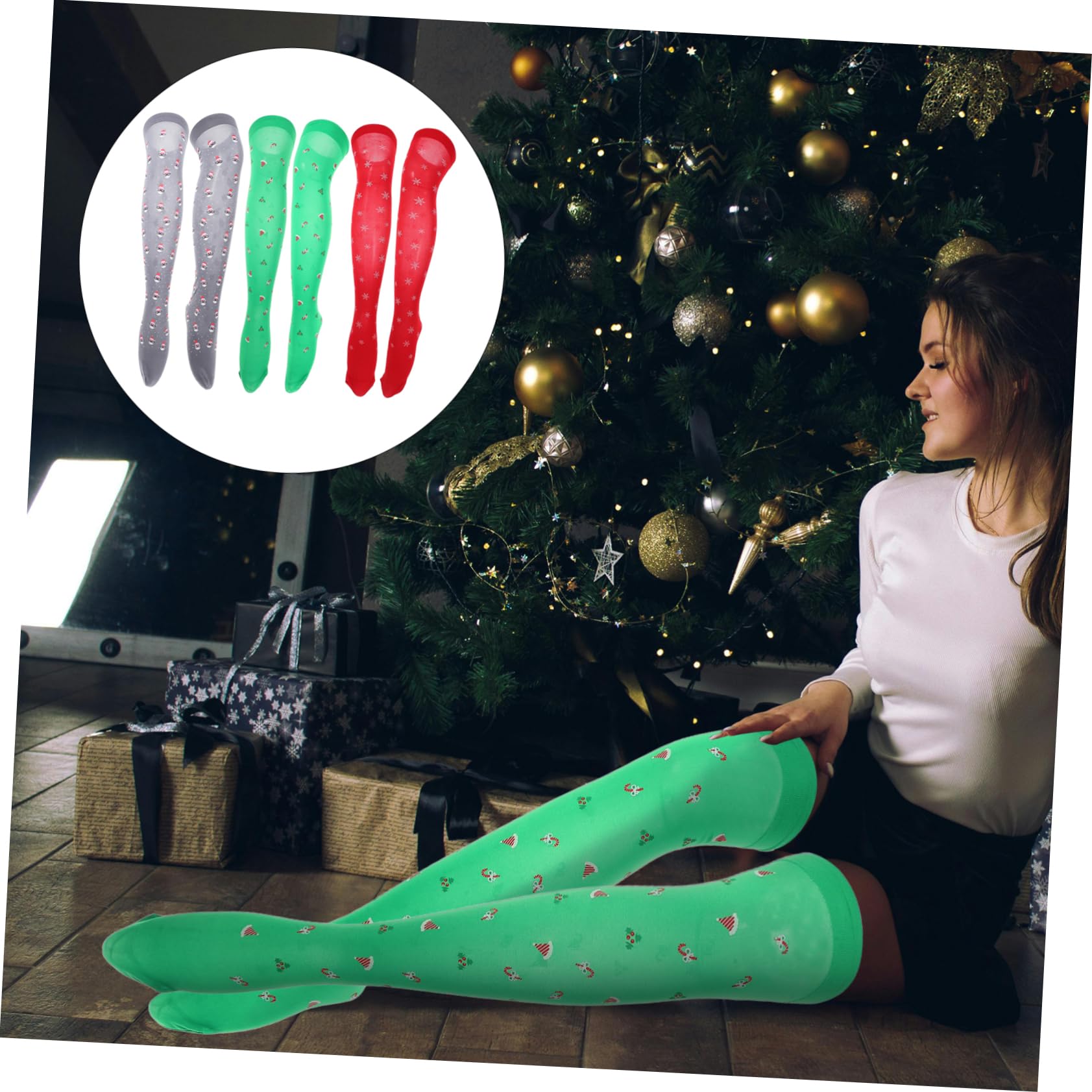 3 Paires Chaussettes de Noël Imprimées Over Knee pour Femmes Chaussettes Longues Rayées Festives Confortables et Respirantes pour Fête et Cosplay