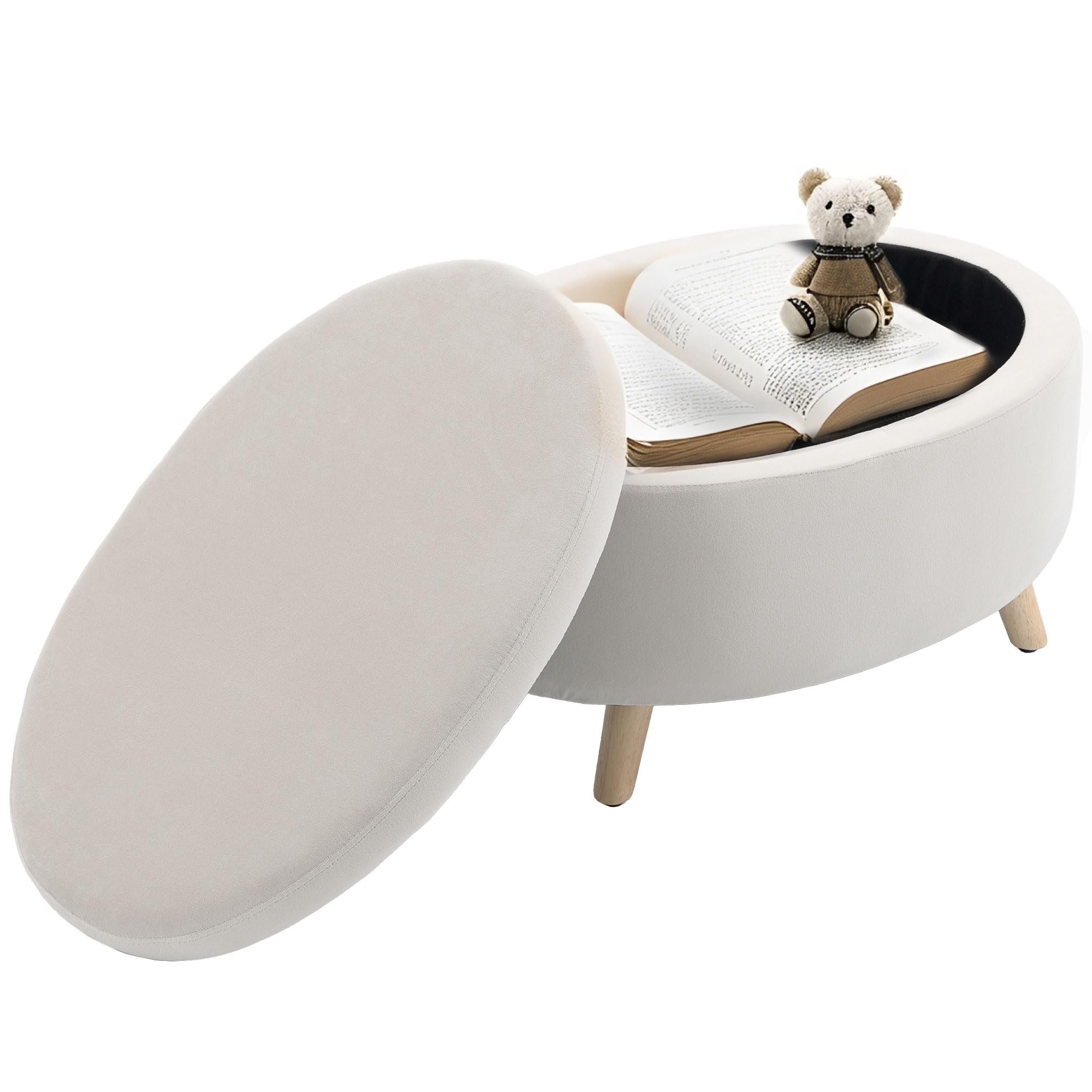 Tabouret ovale de luxe en velours beige et pieds en bois d'hévéa robuste HOMCOM