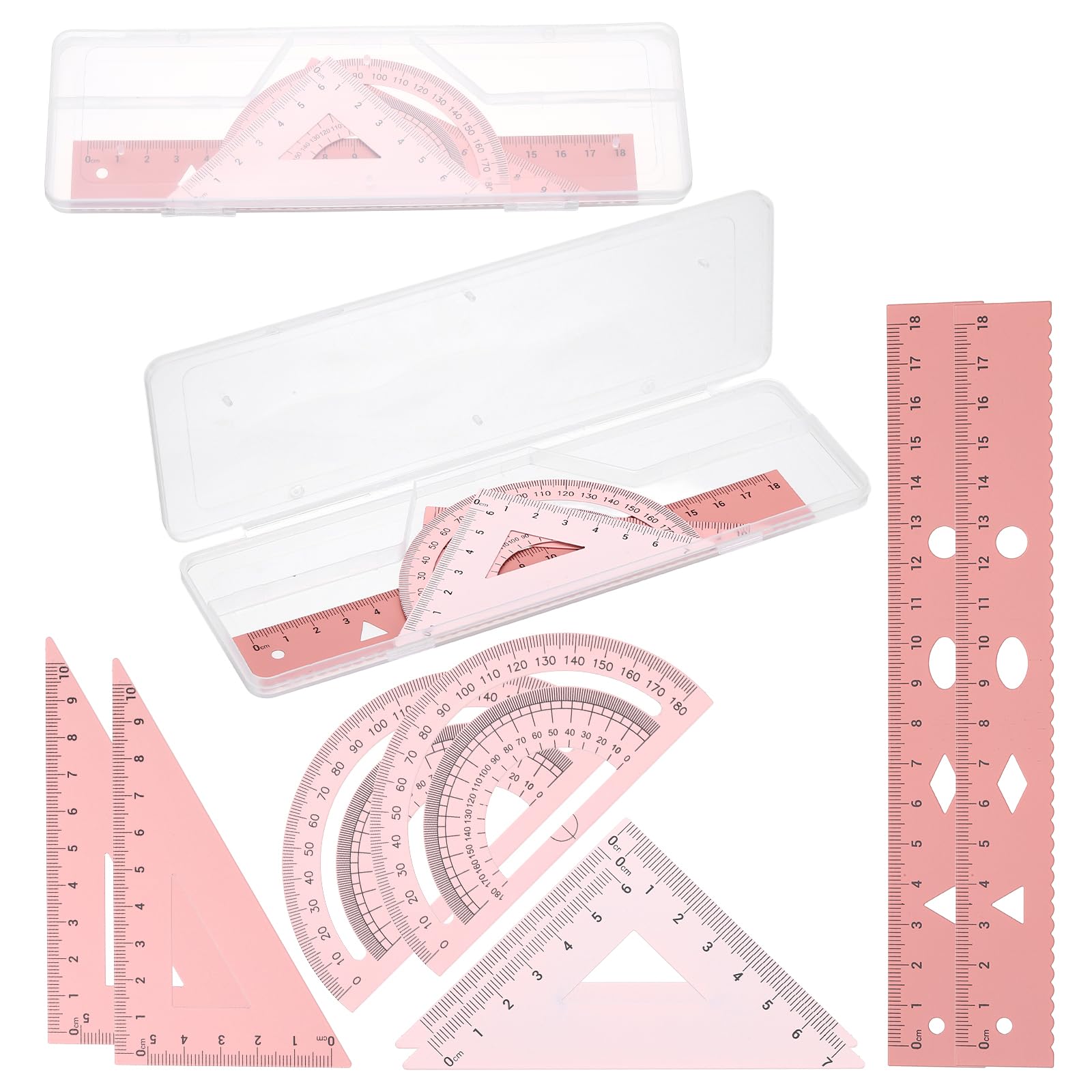 PATIKIL Geometry Set, 2 Pack 7 Inch Aluminum Ruler & 4 Triangles, Metal Protractor Ruler Math Drafting Measuring Tool for Home Office Math Drawing Engineering Art,Gradient Pink