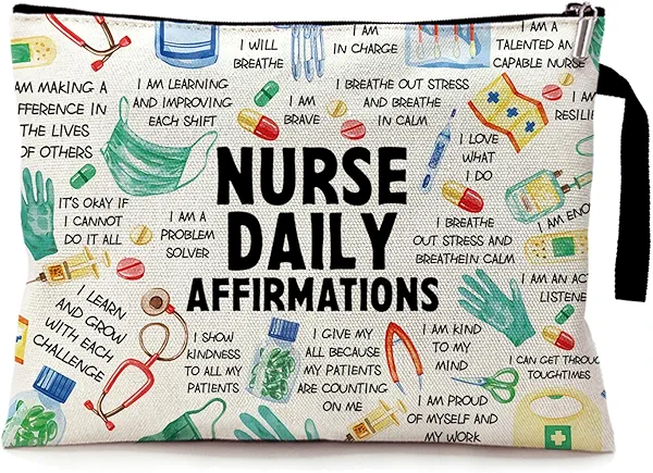 Cusrtyh Nurse Daily Affirmations Funny Canvas Zipper Makeup Bag, Travel Accessories Storage Toiletries Bag, Gifts for Nurse Practitioner RN LPN Coworker Friens, Nurse Survival Kit, Nurse Day Gifts