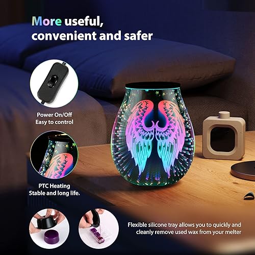 Miniatura 4 de Calentador eléctrico de cera con aroma de alas de ángel 3D con luz LED de 7 colores cambiantes, calefacción PTC, bandeja de silicona extraíble,