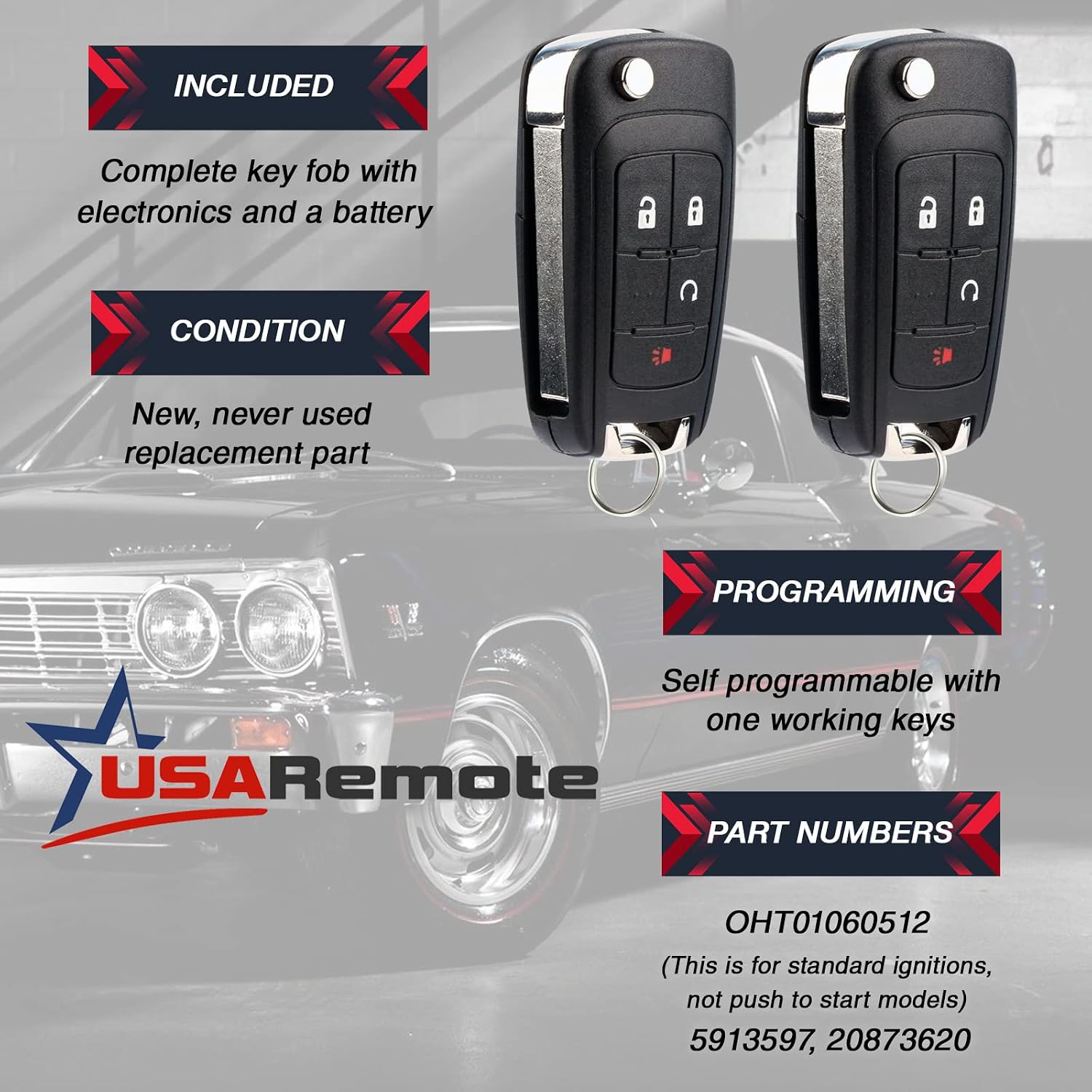 Car Key Fob Keyless Entry Remote Flip fits 2010-2017 Chevy Equinox, Sonic, Trax, Terrain (OHT01060512), Set of 2
