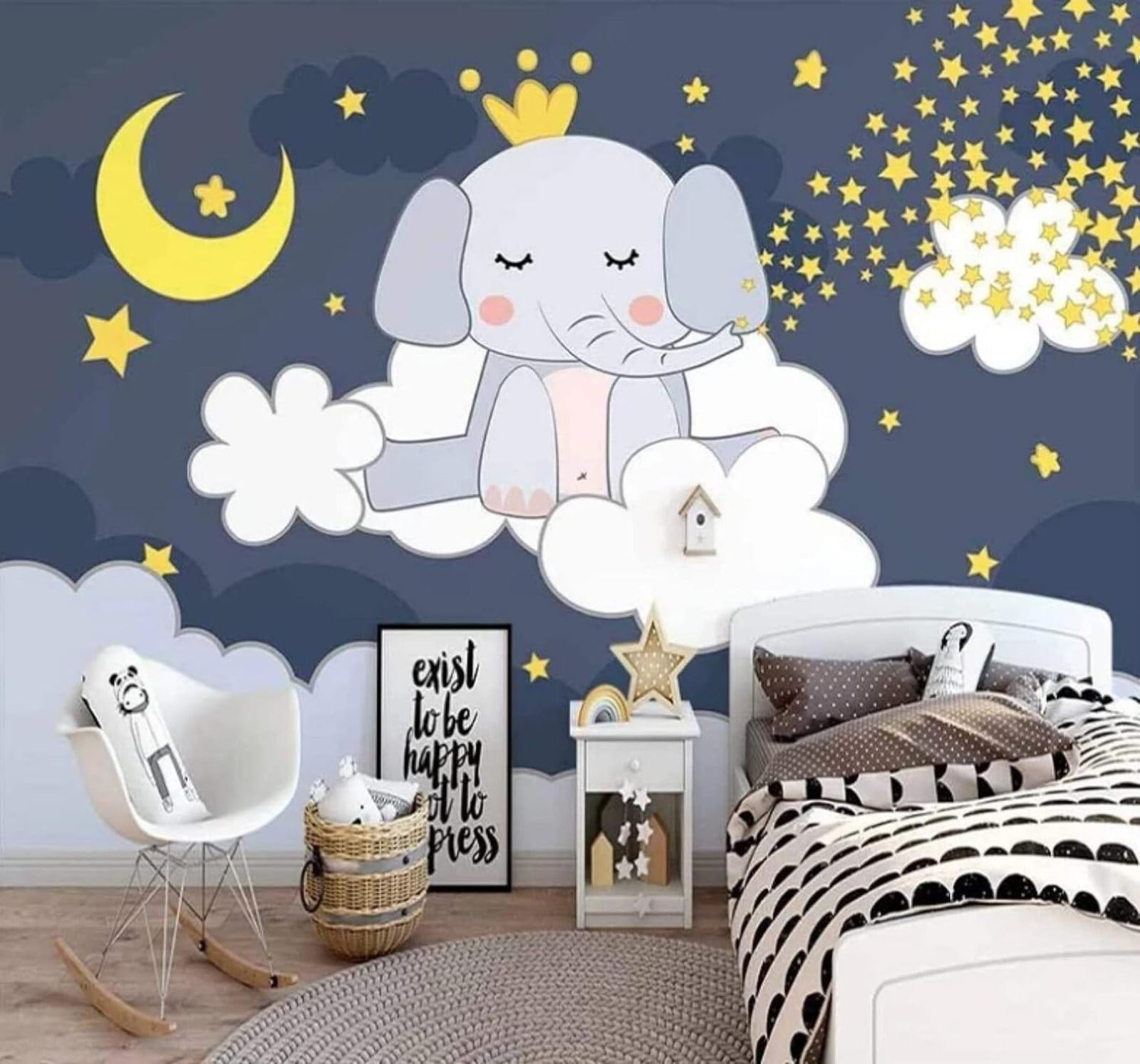 XLMING Hand Drawn Cartoon Baby Elephant Starry Sky Moon 3D Wallpaper Luxury Silk Study Dining Feature Sofa Grey Bedroom Living Room Tv Decorative Wall-200cm×140cm