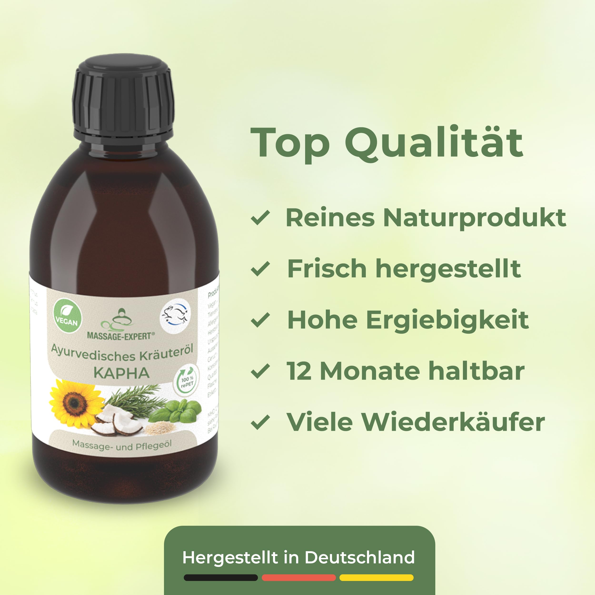 MASSAGE-EXPERT Ayurveda Kräuteröl KAPHA – Natürliche Ölmischung mit Kräuterextrakten für Massage & Pflege (250 ml rePET-Flasche mit Spritzeinsatz)