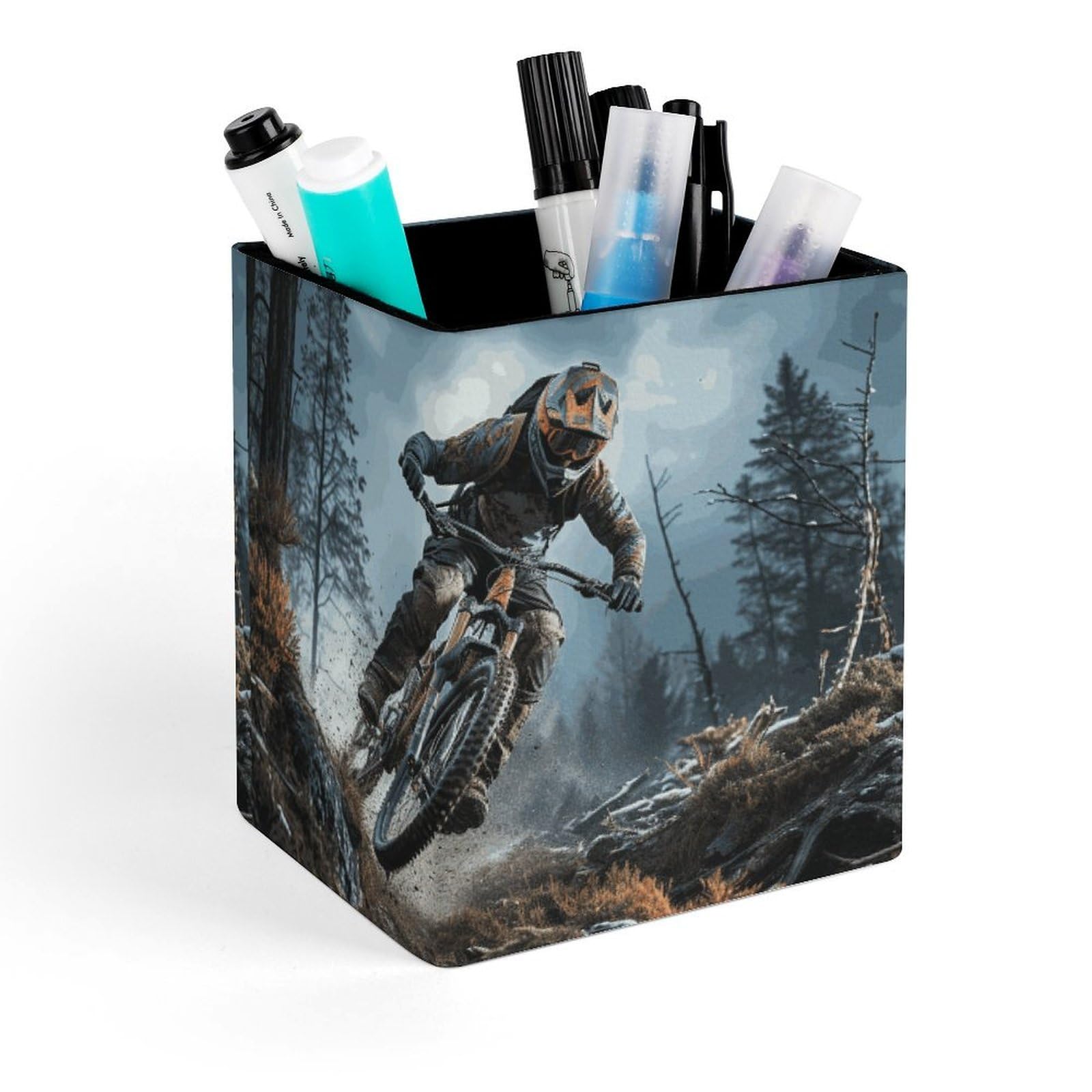 DWVTSLH Aesthetic Pen Holder for Desk - Modern Leather Pencil Holder - Stylish Square Makeup Brush Holder - Mountain Bike Tournament Pen Cup Cute And Functional Desk Organizer for Office Supplies