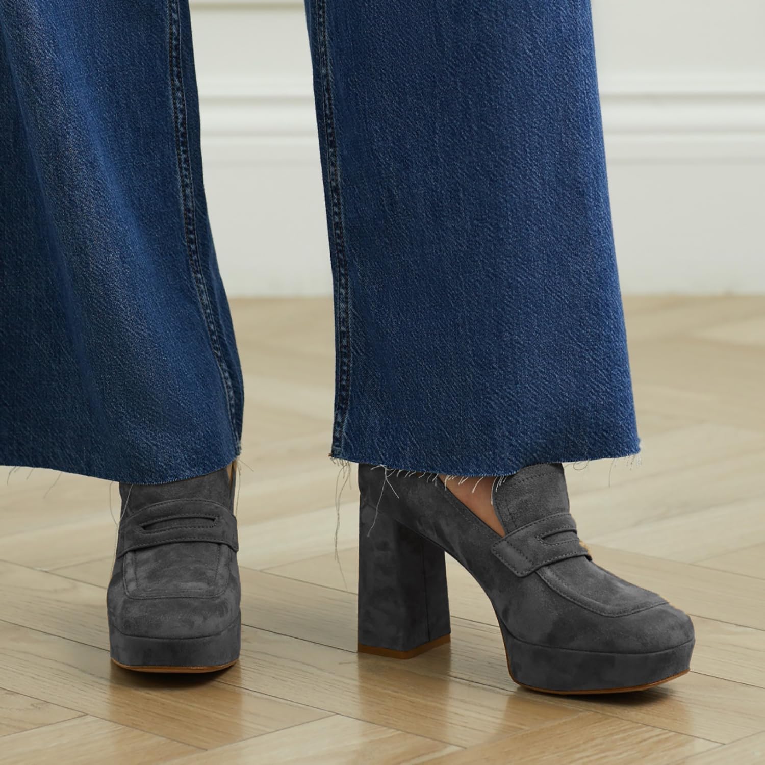 Women Chunky High Heel Platform Loafers Closed Square Toe Heels Suede 4" Block Heel Penny Loafers Pumps Platform Slip On Dress Heels 4-11 M US