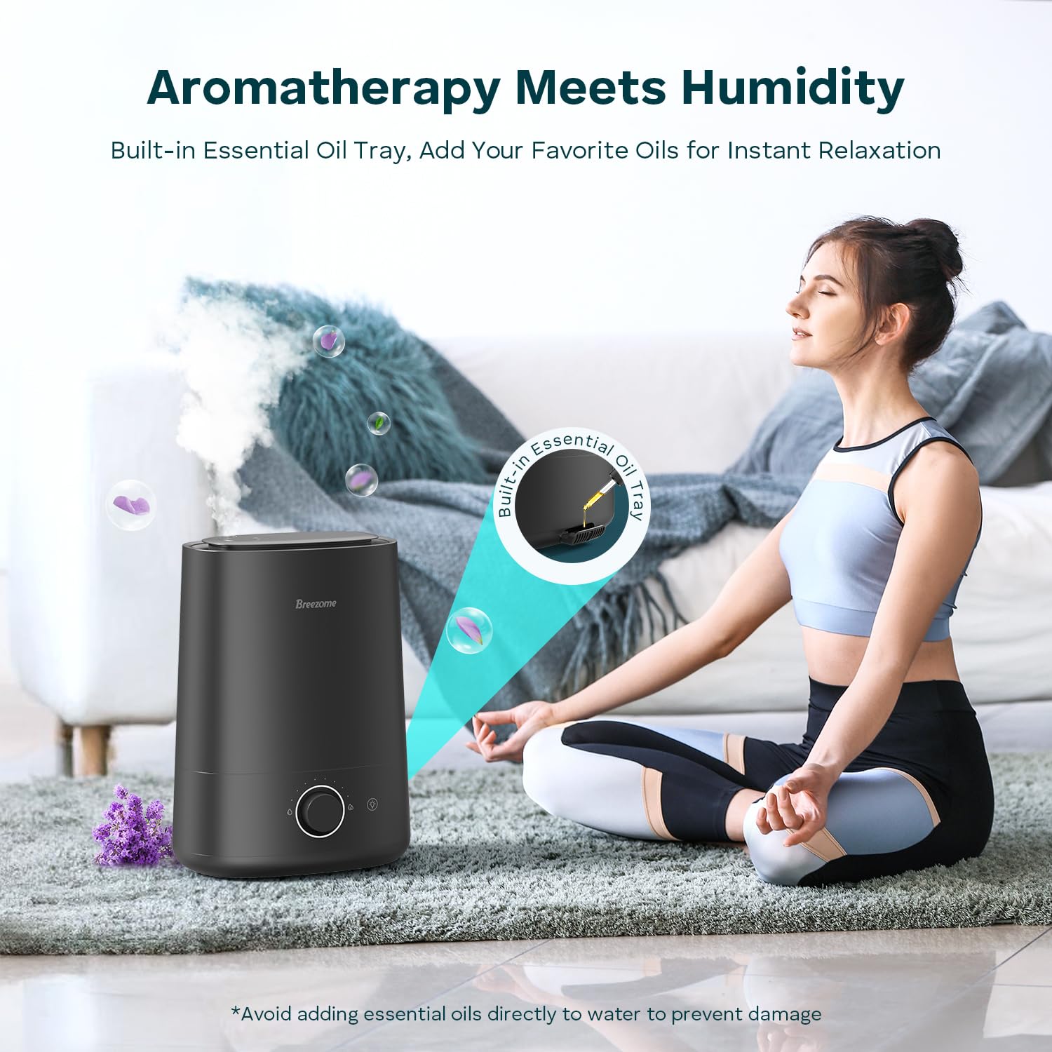 BREEZOME Nawilżacz powietrza 5 l do sypialni, ultradźwiękowy nawilżacz i dyfuzor olejków eterycznych, dysza 360°, automatyczne wyłączanie, czas pracy 50 h, ciche nawilżacze do dużych pomieszczeń