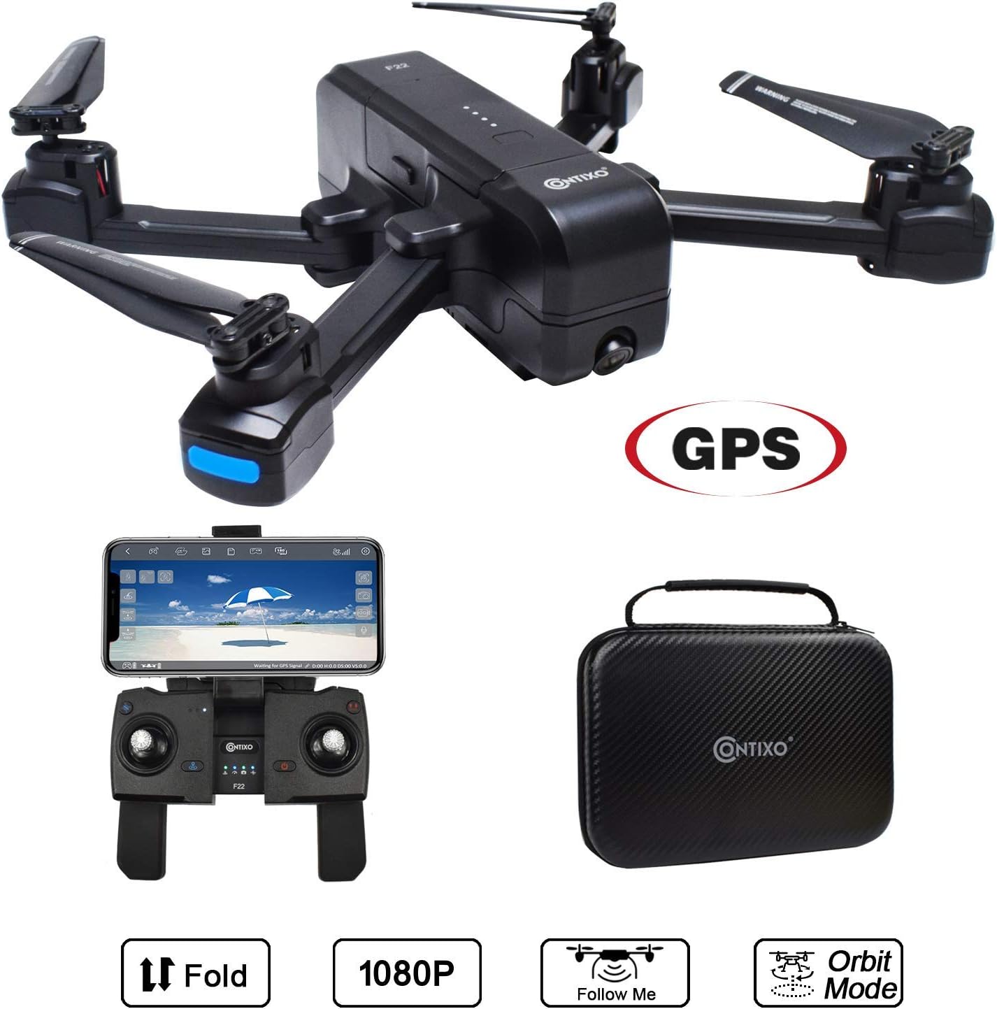 Contixo F22 RC Foldable Quadcopter Drone | Selfie, Gesture, Gimbal 1080P WiFi Camera, GPS, Altitude Hold, Auto Hover, Follow Me, Waypoint Includes Drone Storage Case (F22) (Renewed)