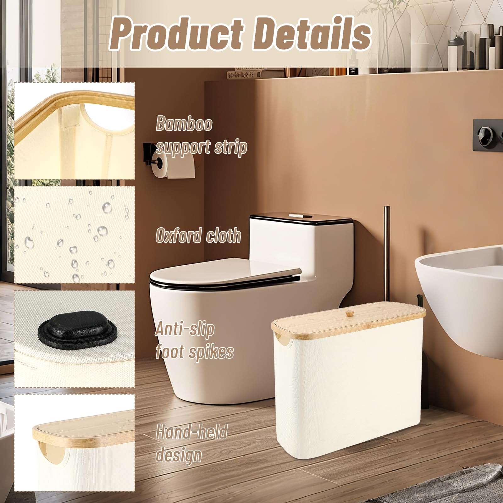 Zikenis Cestino per Carta Igienica, 25L Contenitore Carta Igienica con Copertura in Bambù per 12 Rotoli Carta, Tessuto Oxford, Impermeabile Contenitore Bagno Porta Carta Igienica per Bagno e Casa