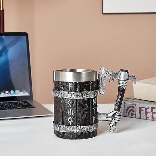 Miniatura 2 de Taza de madera de roble vikingo con inserto de acero inoxidable, 17 onzas  Norse Mythology Runes Beer Stein  Regalo para hombres