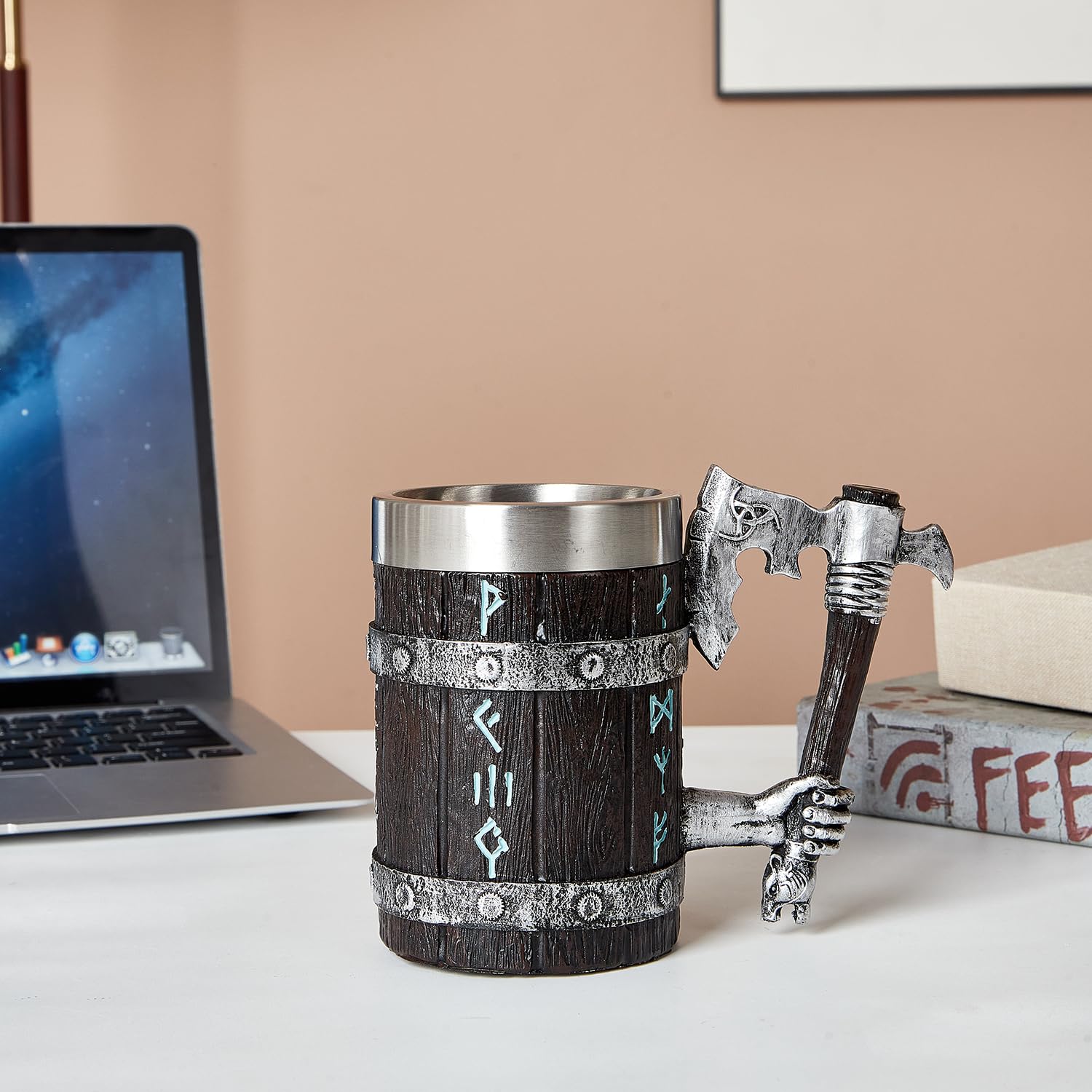 Kubek wikingów z uchwytem siekiery, nordycki dąb runy, drewniany kufel do piwa, stal nierdzewna, 550 ml, prezent wikingów dla mężczyzn, na Dzień Ojca
