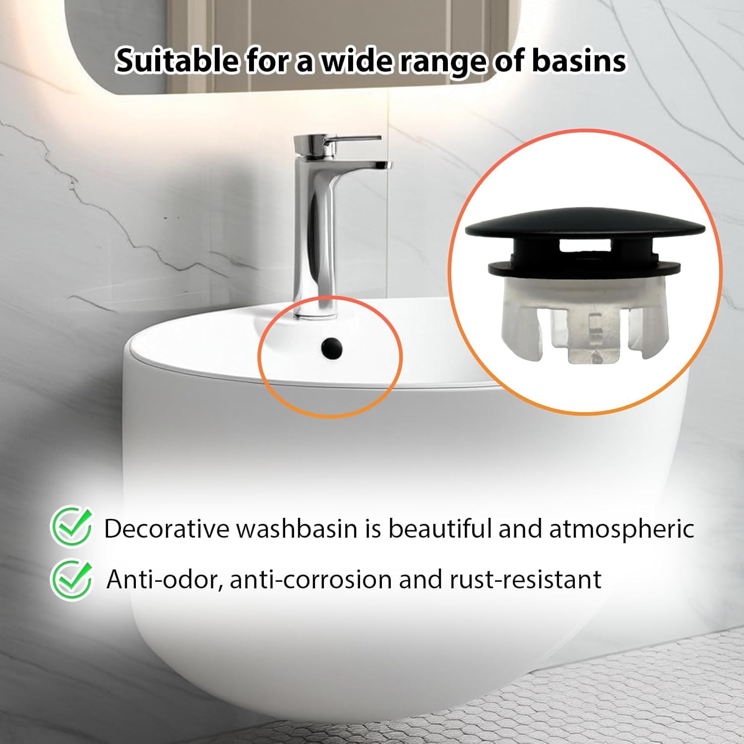 Anelli di Troppo Pieno, 2 Pezzi Anelli per Lavello, Copertura Rotonda Decorativa per Straripamento, Tappo per Lavabo, Bagno e Cucina (Nero)