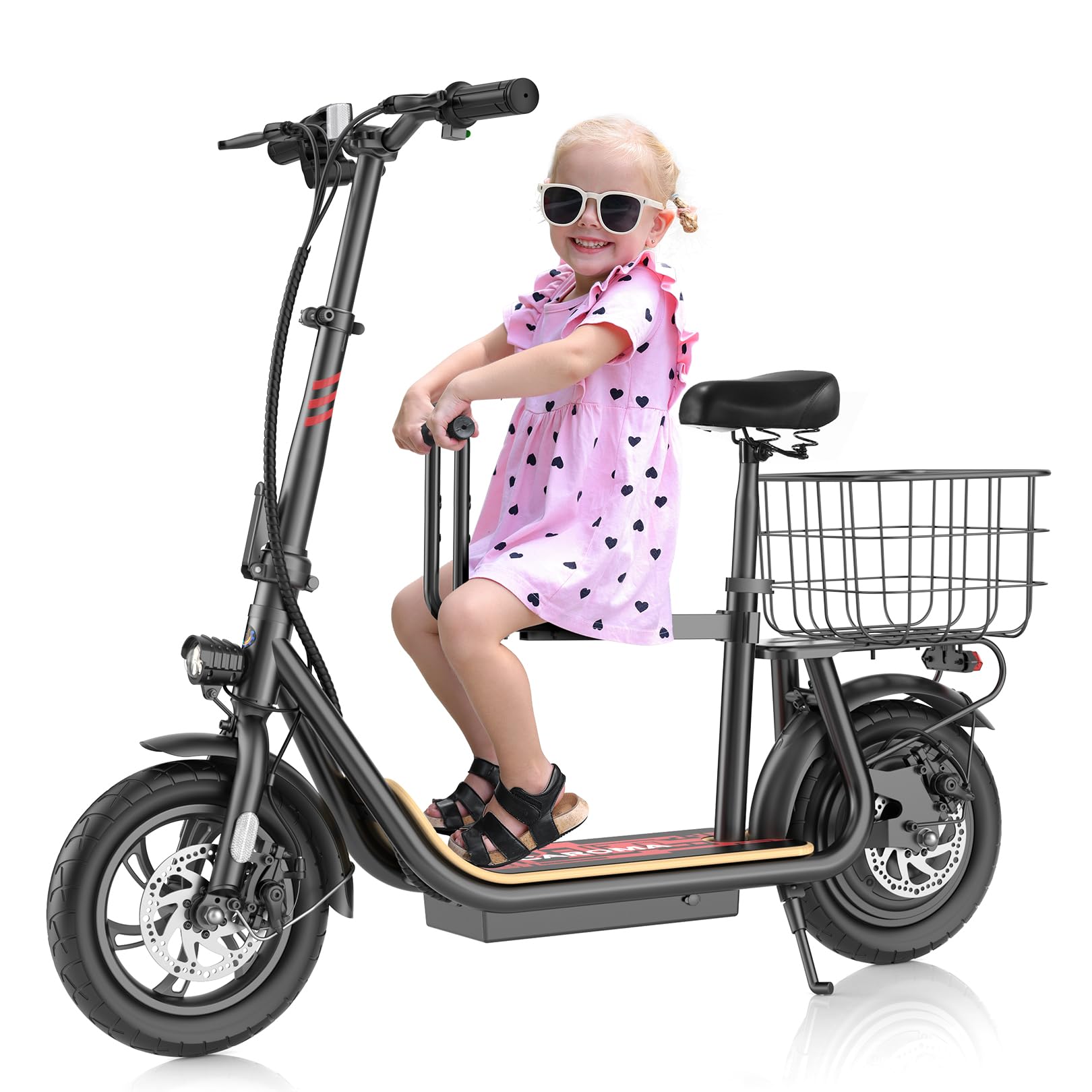 Caroma Electric Scooter with Seat, Max 30 Miles Range&20MPH Speed, Peak 800/1200W Motor, Foldable Electric Scooter for Adults and Teens, Commuter E Scooter with Basket&Adjustable Kid Seat