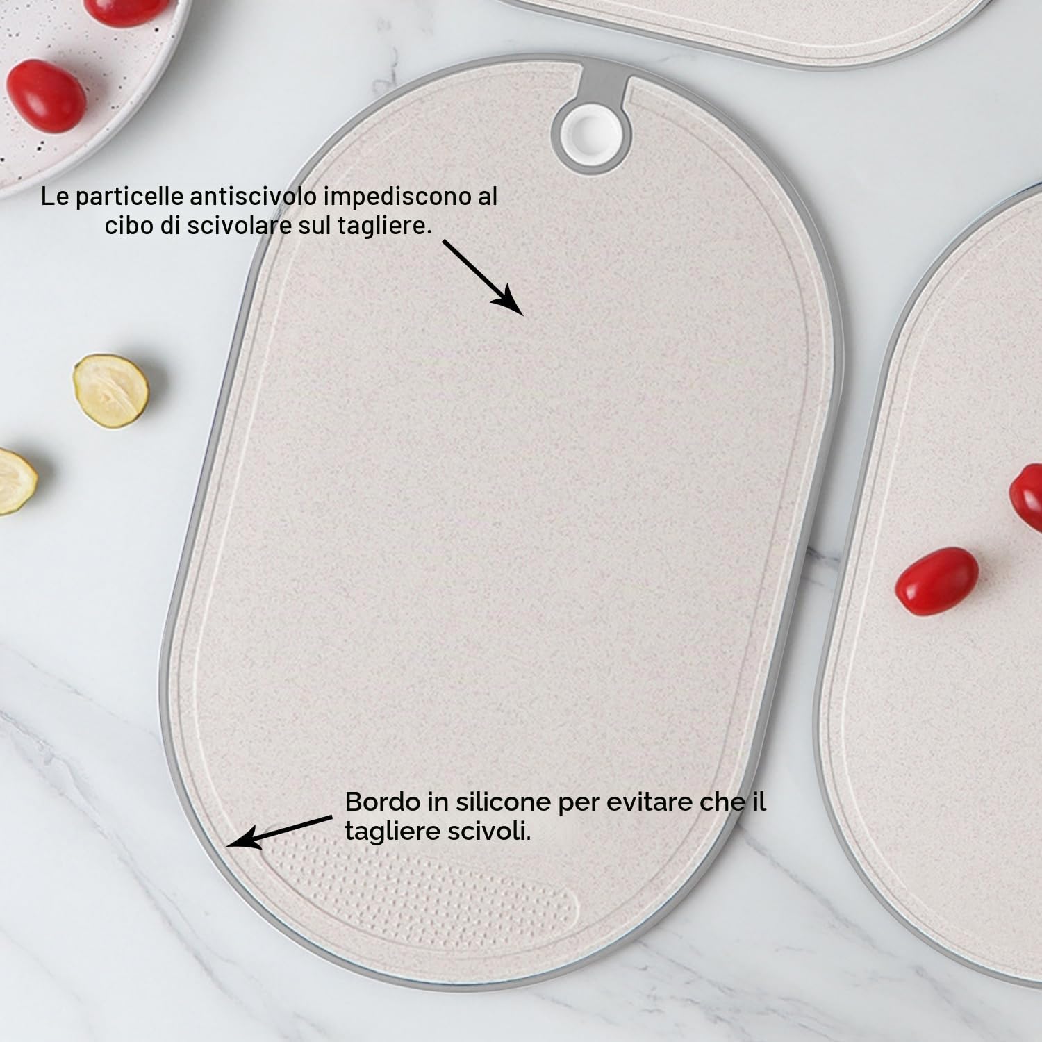 Tagliere 3 pezzi in Paglia di Grano, Cutting Board, Tagliere con Scanalature per Succo, Maniglie Antiscivolo, Fori per Appendere e Base, Tagliere da Cucina senza BPA