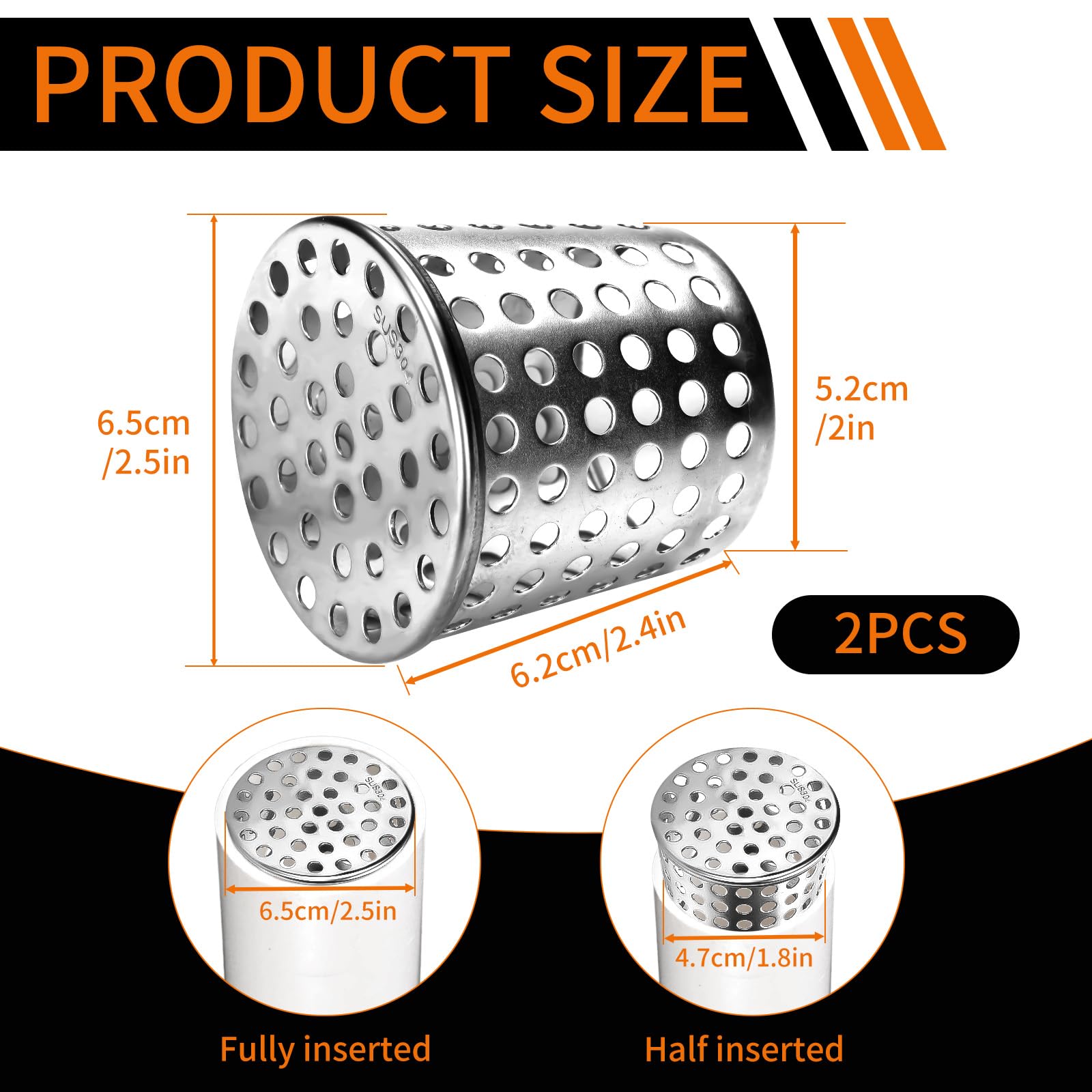 2 coperture per sfiato in PVC, filtro di protezione per grondaie, in acciaio inox, conico, per tubi di scarico da 63 mm
