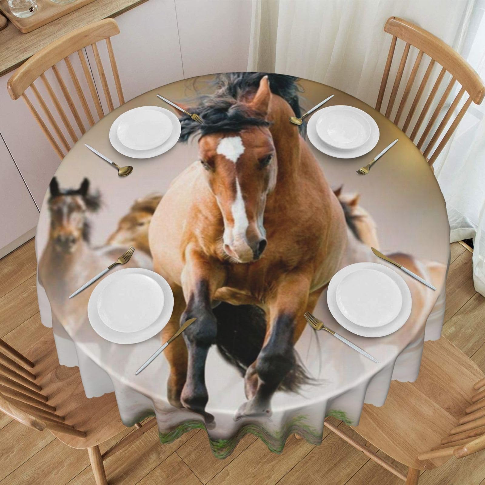 DCEHGEW 60 In Round Tablecloth with Lace, Horses Printed Oilproof & Washable Fabric Picnic Table Cloth Table Covers