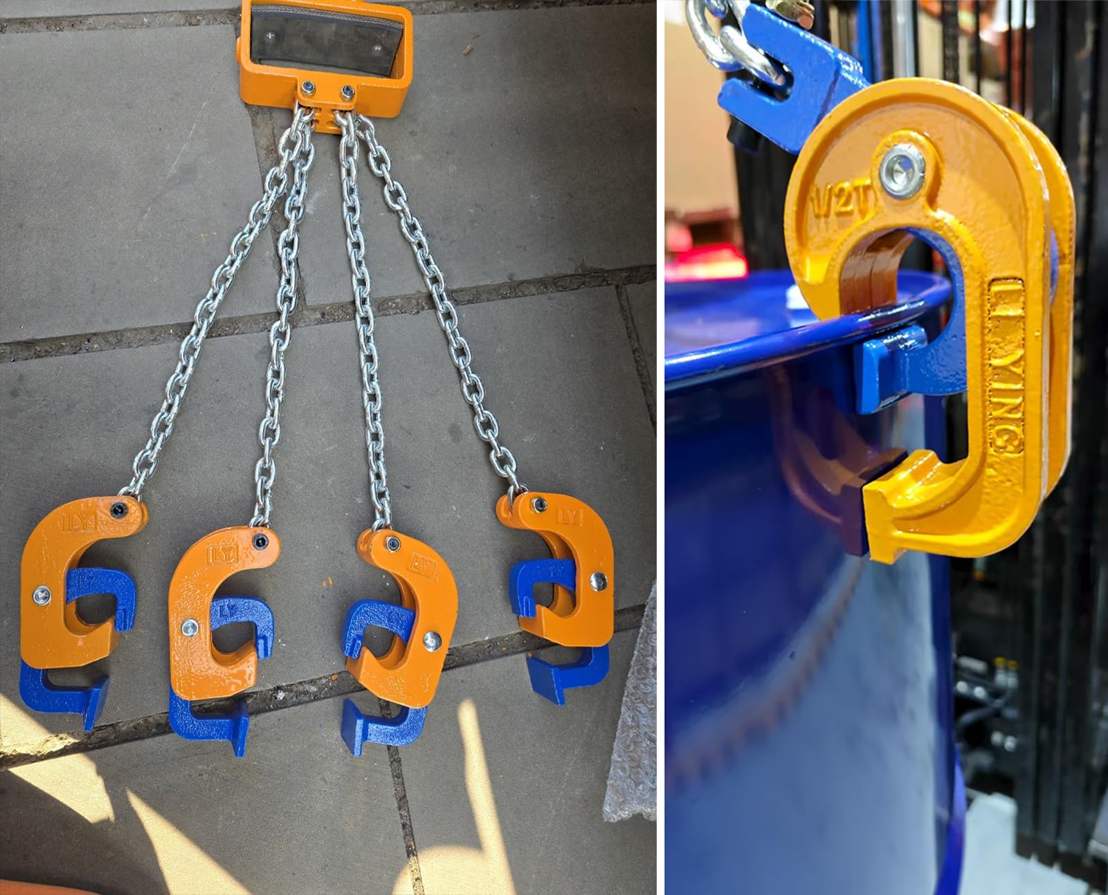 Pinza di Sollevamento per fusti con 2/4 Ganci, Gru a Catena in Acciaio per fusti, Adatta per fusti da 55 Pollici, Attrezzatura per la movimentazione di fusti in Metallo/plastica, Compatibile
