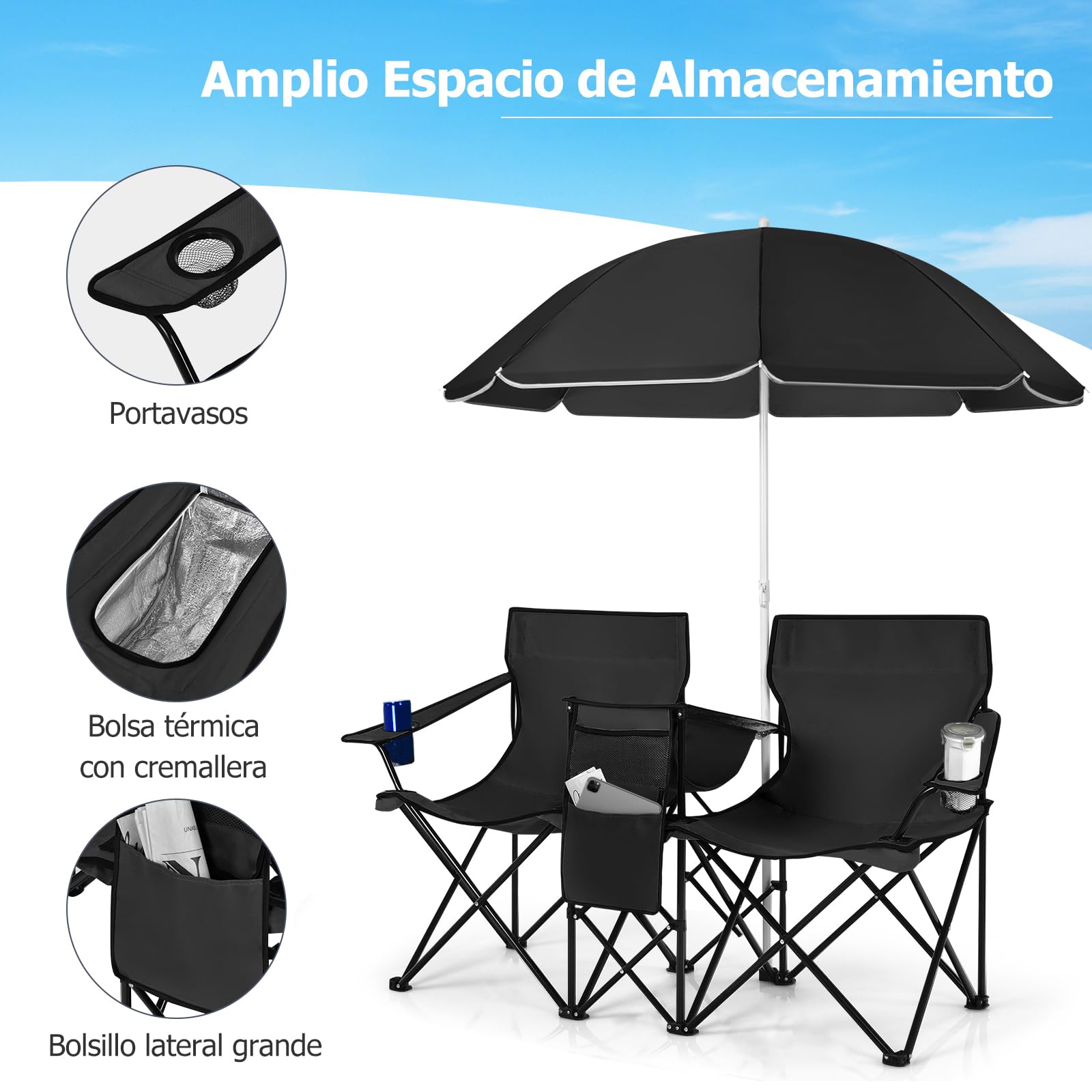 GIANTEX Juego de 2 Sillas de Camping Plegables con Sombrilla, Sillas de Pesca para 2 Plazas con Portavasos y Bolsa Nevera, para 2 Personas, con Bolsa de Transporte (Negro)